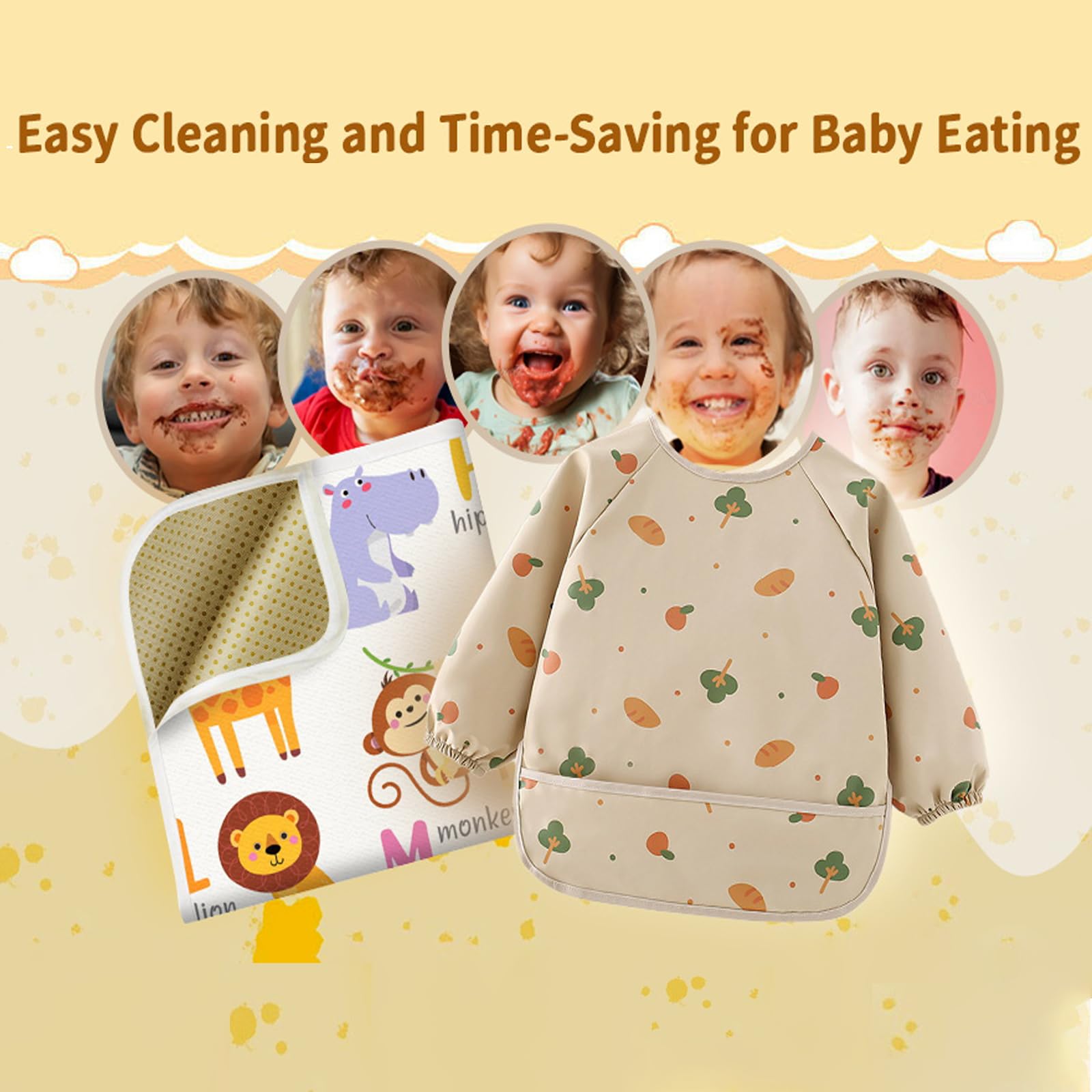 High Chair Splash Floor Mat with PU Waterproof Weaning Bib, 43.3″Waterproof Washable Anti Slip Splat Mat - Image 2