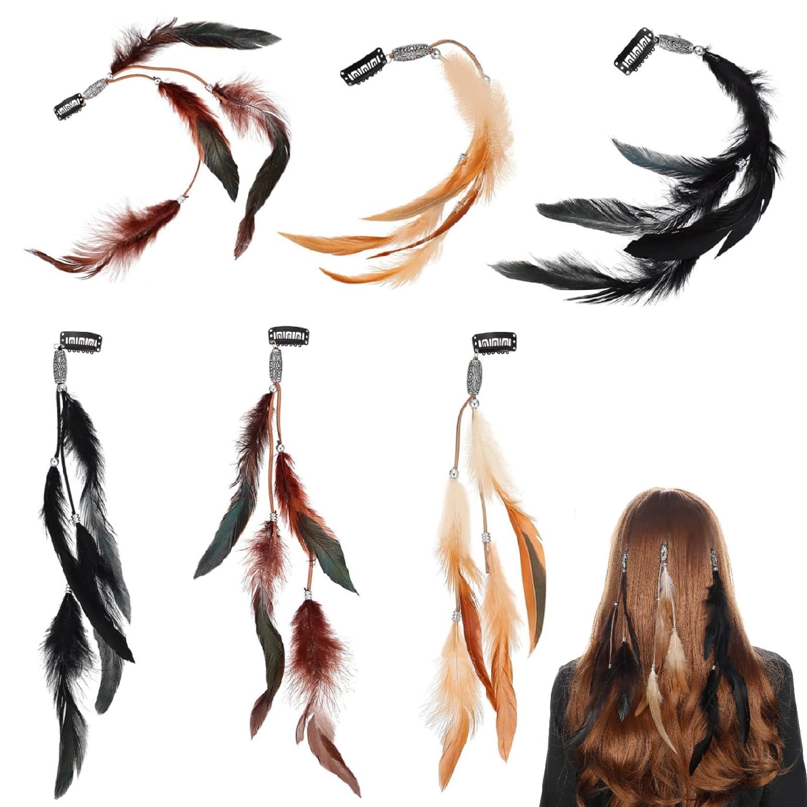 Boho Hippie Clips Cabello Plumas, 6PCS Mujer Pluma Extensiones, Accesorios Festival Halloween