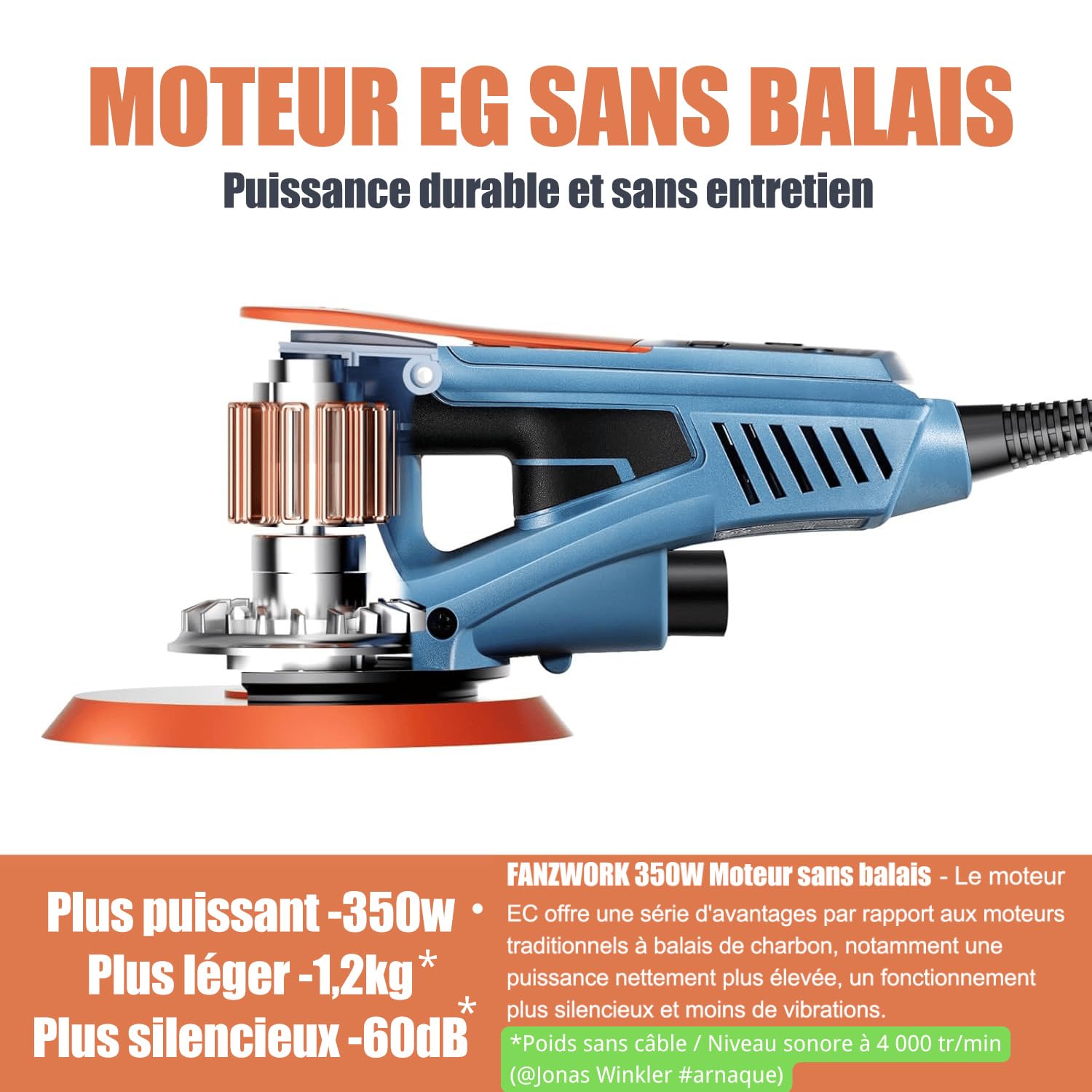 FANZWORK Ponceuse Excentrique 150 mm, Ponceuse Orbitale avec une Course Abrasive de 5 mm, Moteur EC sans Balais de 350 W, 7 Vitesses jusqu'à 10 000 tr/min, 15 Disques Abrasifs, avec Mallette