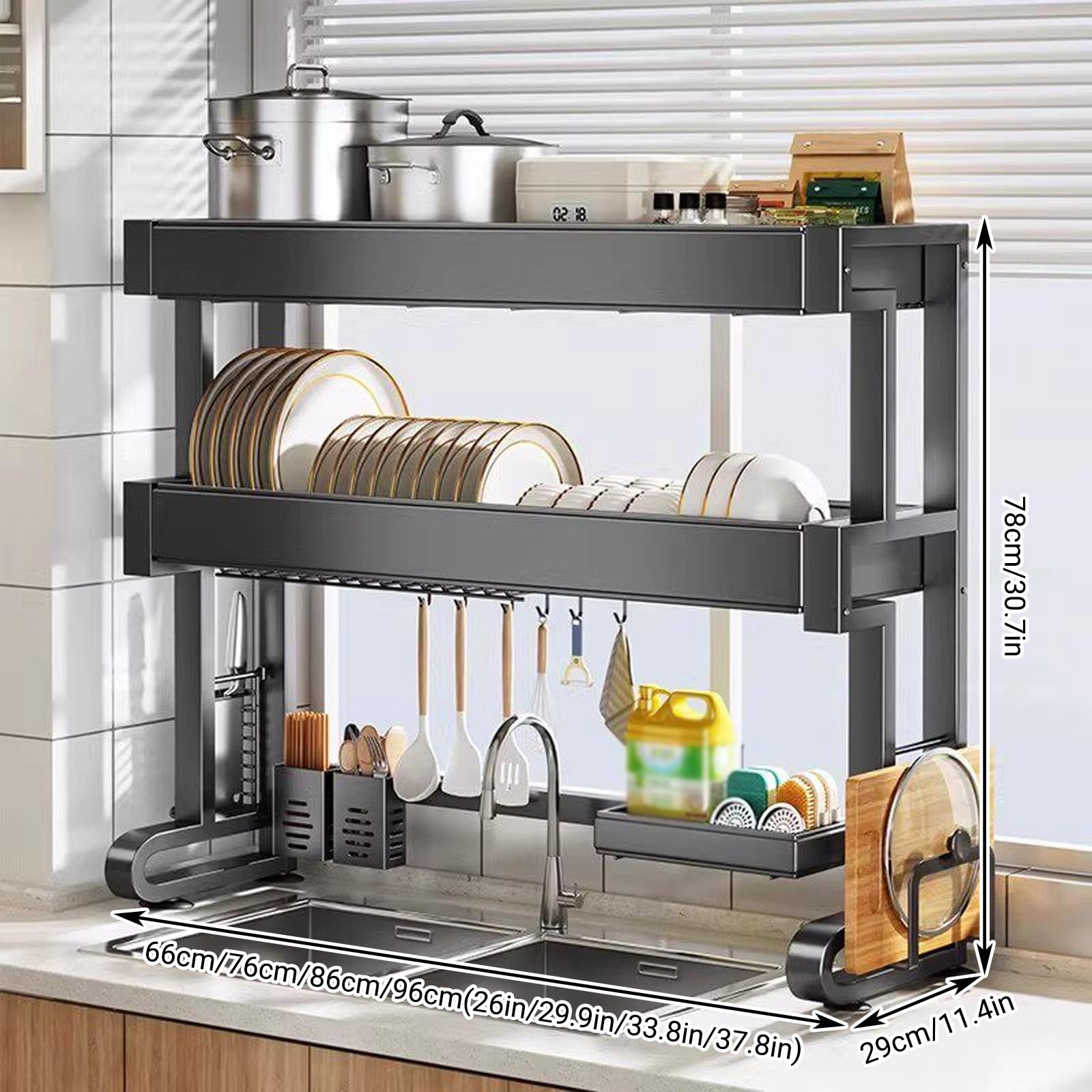 Escurridor de platos de acero inoxidable de 2 niveles para platos, vasos, cuencos y cubiertos