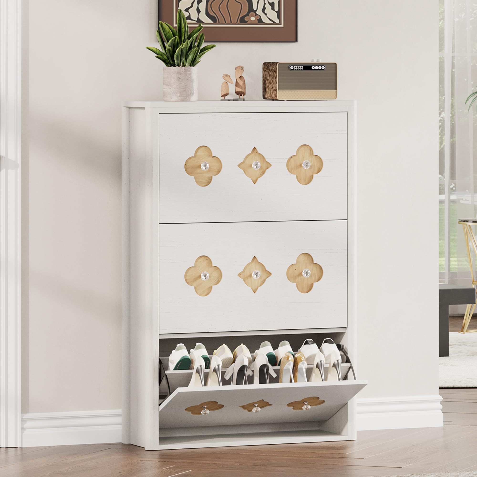 GarveeHome Shoe Cabinet with 3 Flip Drawers &amp; Adjustable Shelves, White
