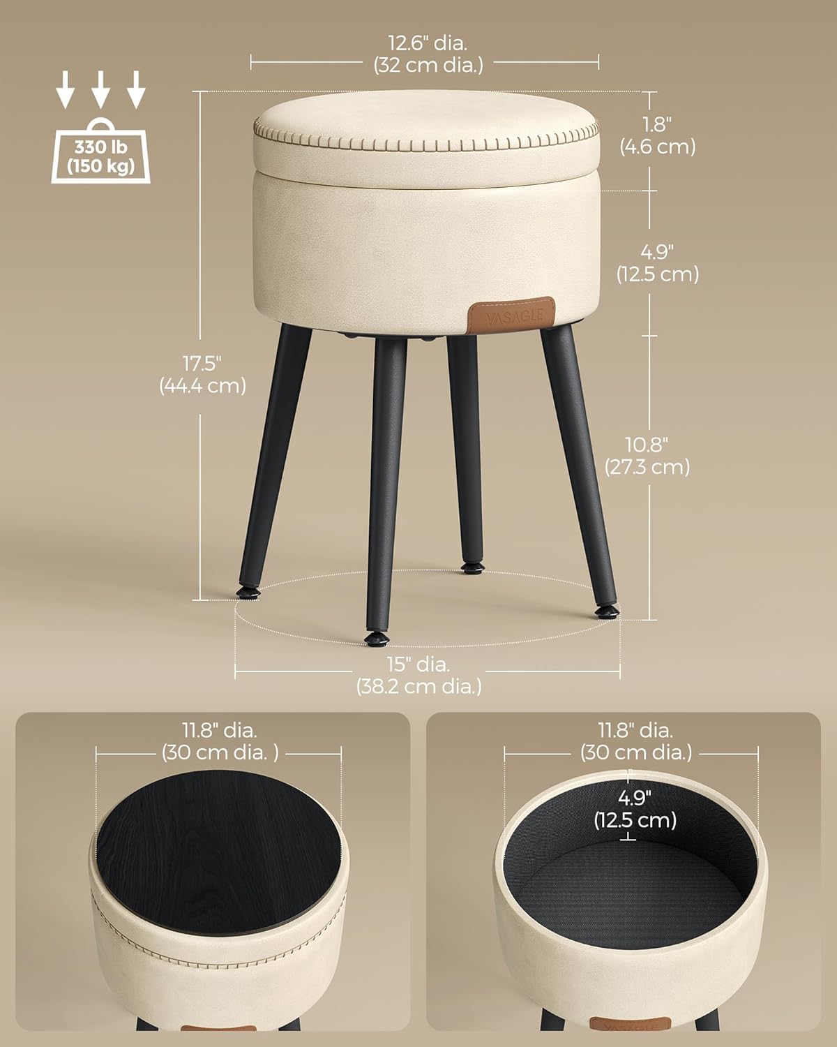 VASAGLE EKHO Collection - Storage Ottoman, Vanity Chair Stool, Synthetic Leather with Stitching, Mid-Century Modern, Round Storage Seat with Steel Legs, Loads 330 lb, Cream White ULOM005W01