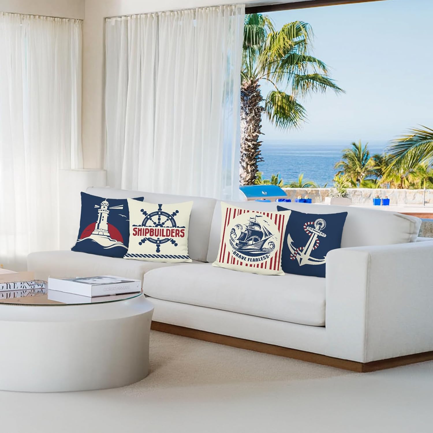 Summer Nautical Throw Pillow Covers, Boat Anchor Helm Lighthouse Red Navy Blue Decorative Pillowcases for Sofa Bed Home Outdoor Set of 4, 18 x 18 Inches - Image 3