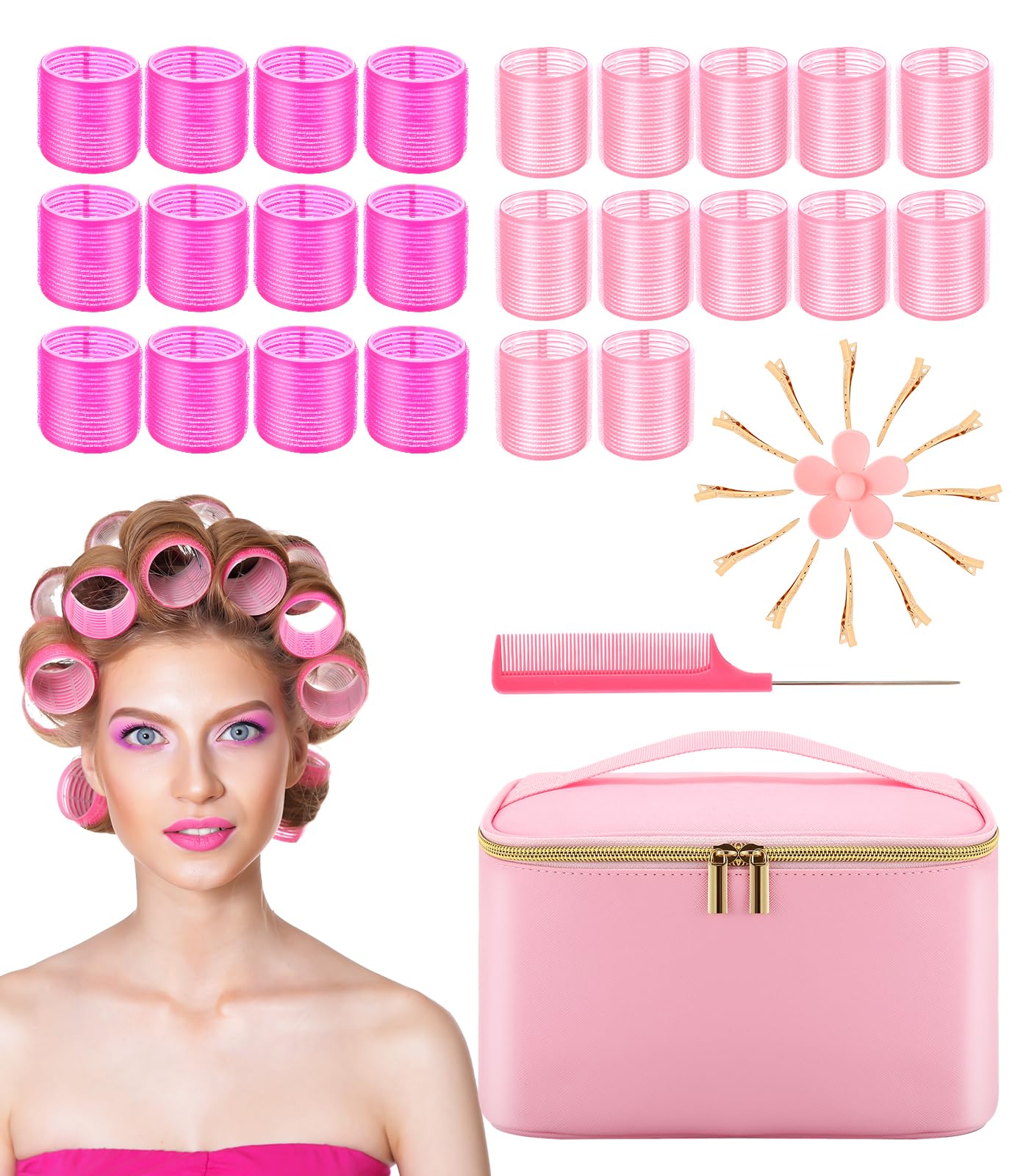 Self Grip Hair Roller Set - 39 Piece Heatless Hair Curlers with Clips and Comb - Salon Quality Hair Rollers for Long, Medium, and Short Hair - DIY Hair Styles - 2 Sizes Pink Hair Rollers