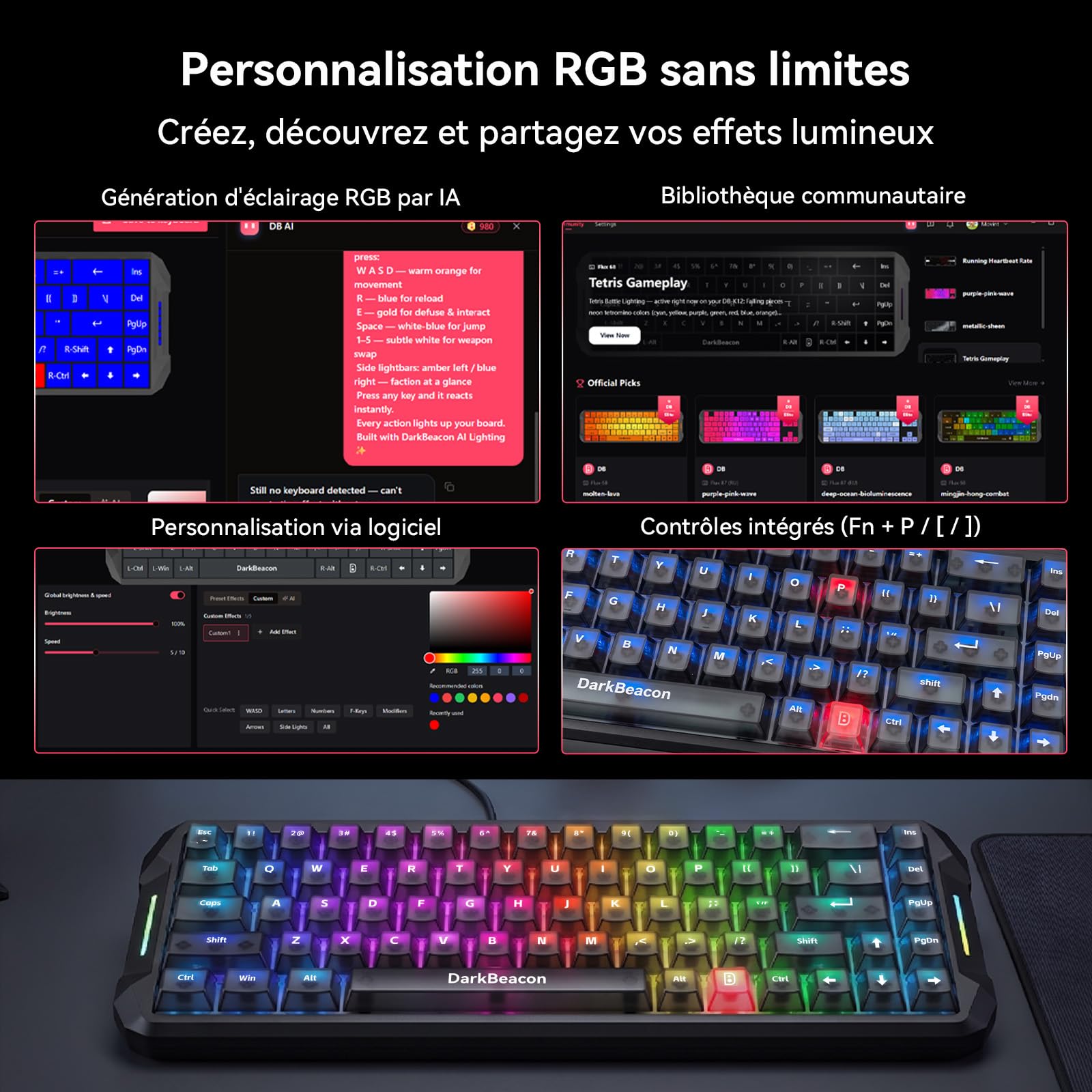 DarkBeacon Flux68 HE Clavier Magnétique, 8000Hz Rapid Trigger, Logiciel IA, Clavier Gamer Filaire 65%, Précision RT 0,01 mm, Actionnement Réglable, Snap Tap/DKS, Hot Swap, pour PC/Mac