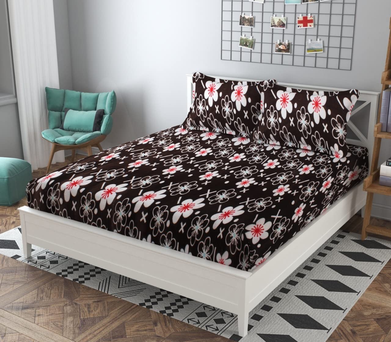 Home Solution Flannel Elastic Fitted Warm Bedsheets King Size Double Bed, Flanno King Size Warm bedsheets for Winter with Elastic and 2 Pillow Covers ( (Flower Black) (B09MV522F7) Amazon Price History, Amazon Price Tracker