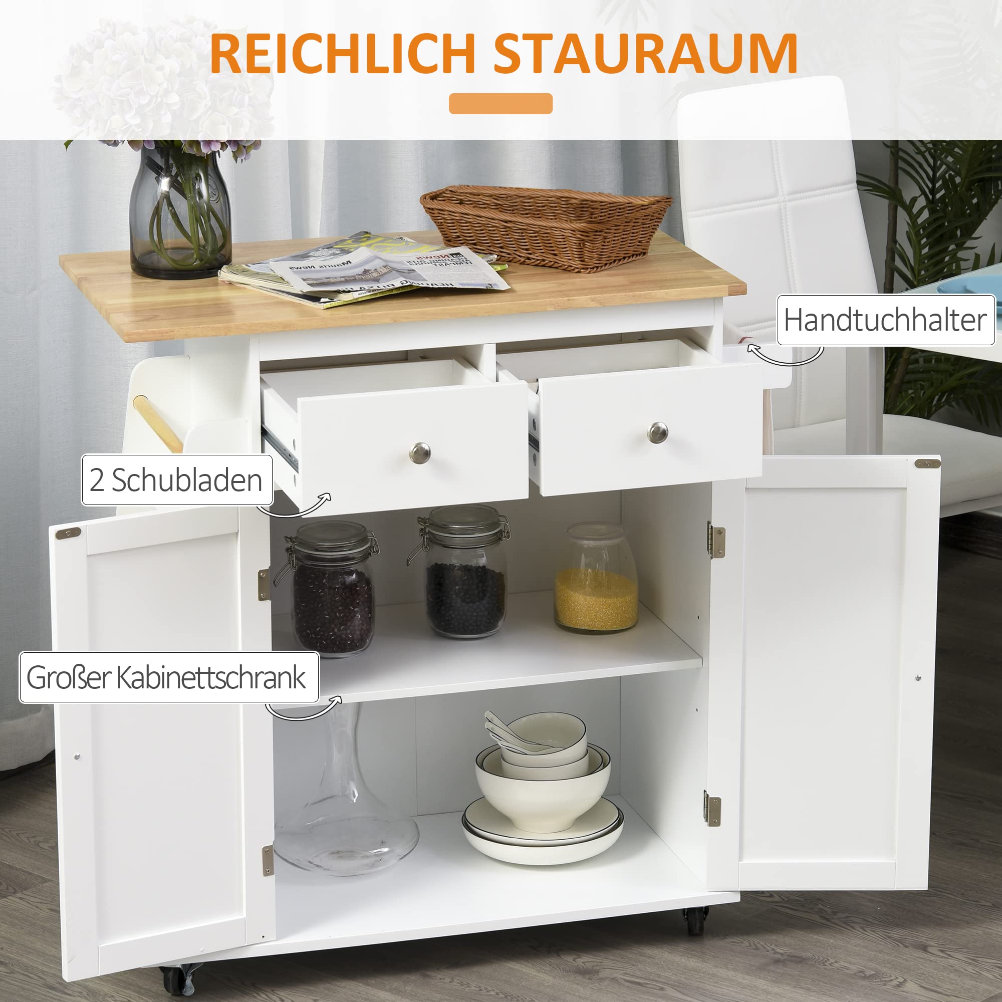 HOMCOM Carro de Cocina Auxiliar con Ruedas, 2 Cajones y Barra para Colgar | Carrito de Servicio, 89x45x89,5 cm, Blanco
