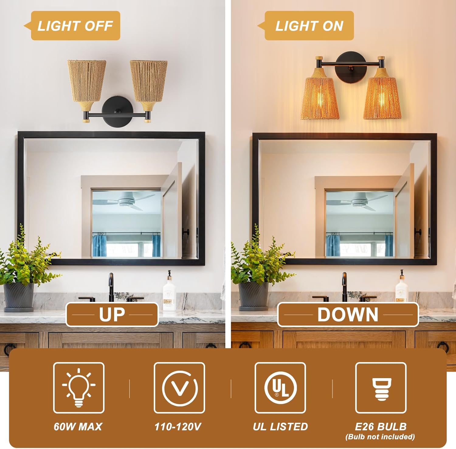 2-Light Bathroom Vanity Light, Boho Bathroom Light Fixtures Over Mirror Rattan Vanity Lighting Fixtures with Hand-Woven Lampshade Rustic Style Wall Sconce for Bedroom Living Room