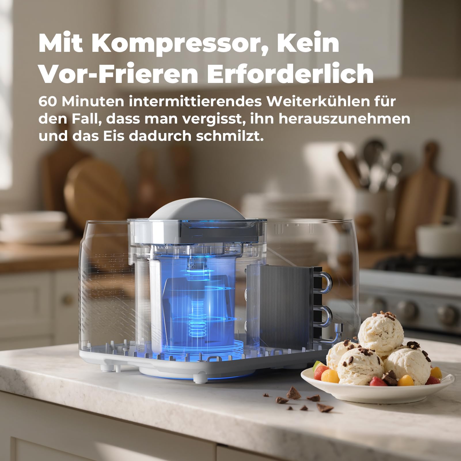 Eismaschine mit Kompressor 1L, Selbstkühlend, Entnehmbarer Eisbehälter, Weiß