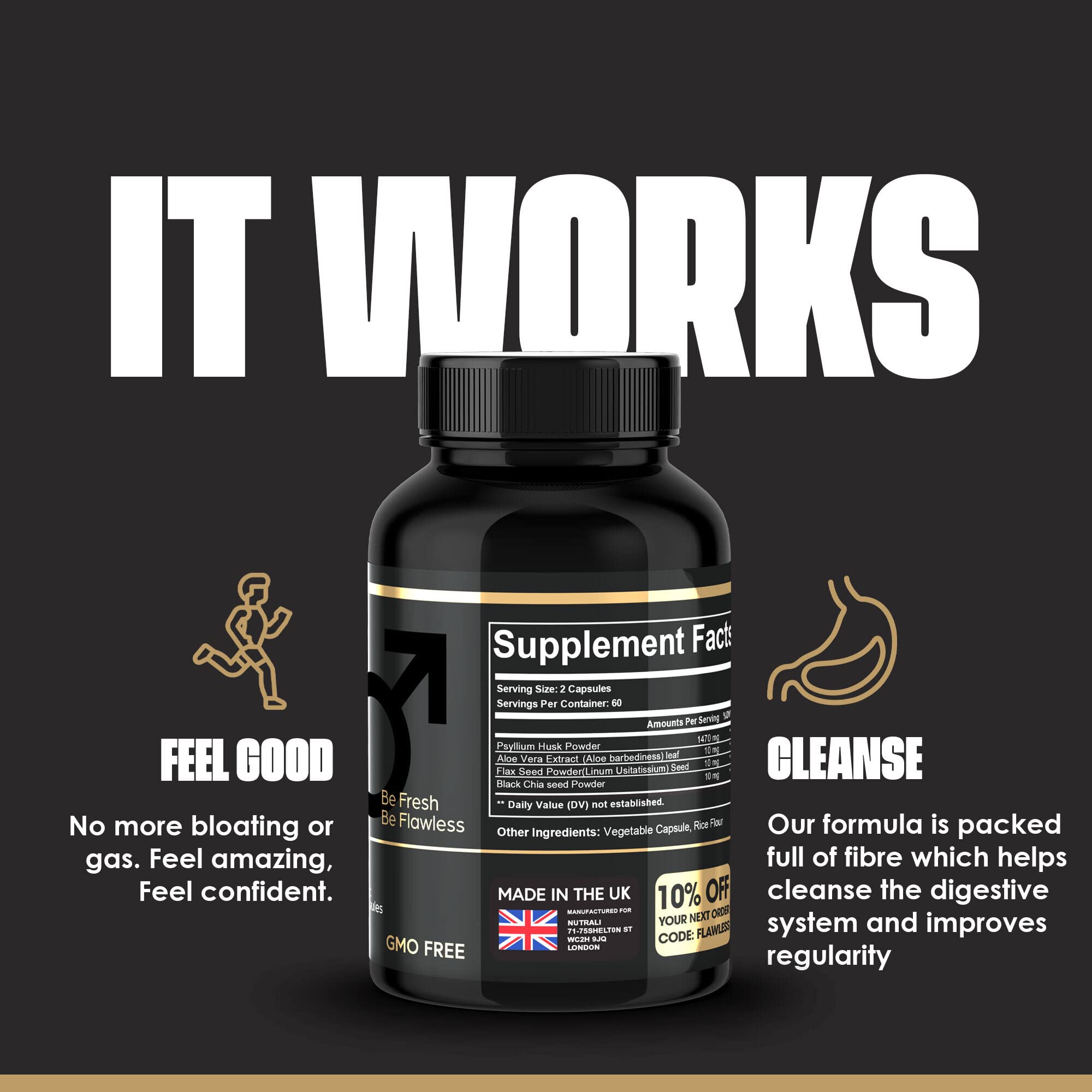 FLAWLESS FOR MEN FIBRE SUPPLEMENT 120 Capsules 1470mg Psyllium Husk