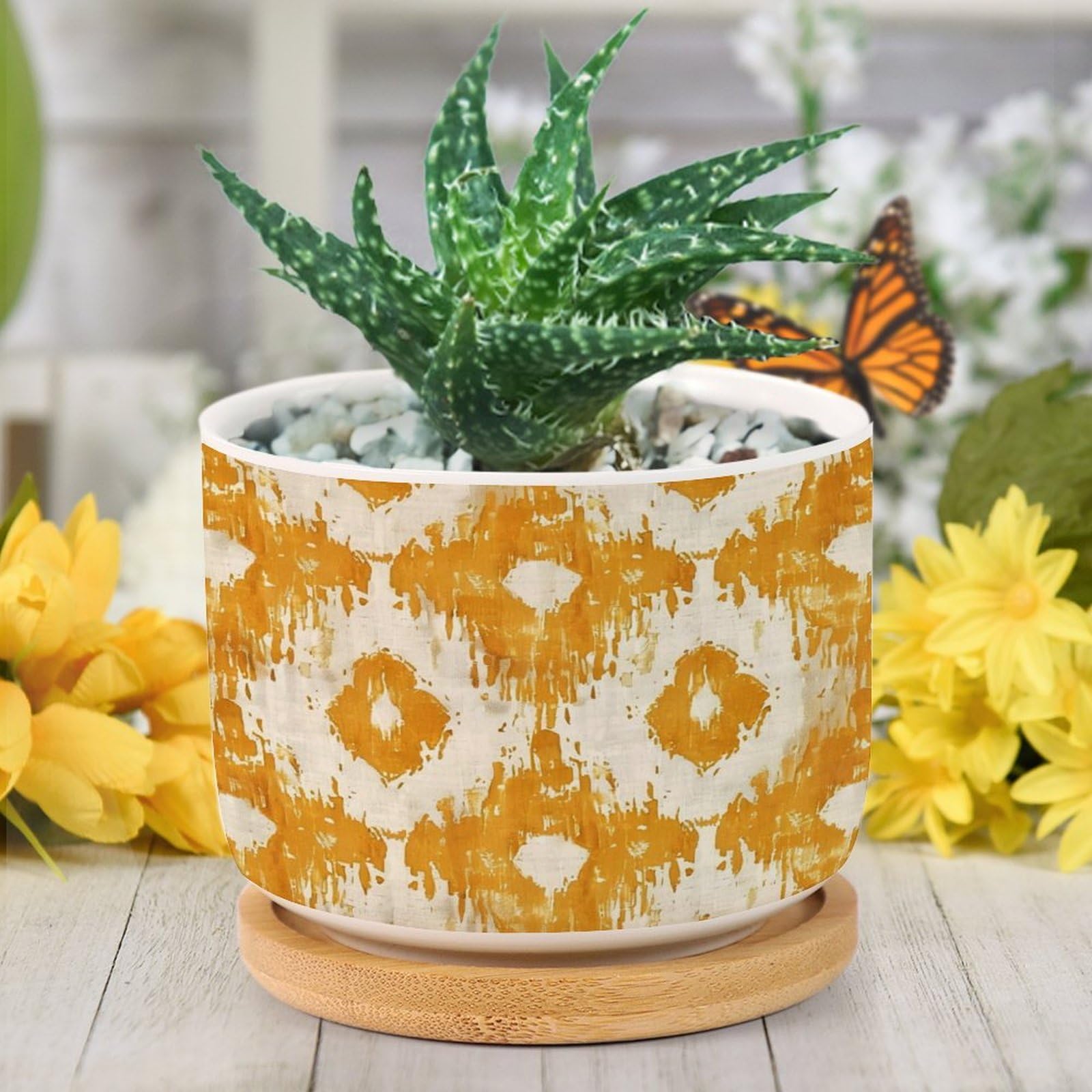 DreamAutumn Gold Yellow Grey Ikat Ceramic Planters Ceramic Pots with Saucers Orchid Pots for Plants Succulents Pots Home Office Desk Garden Balconys
