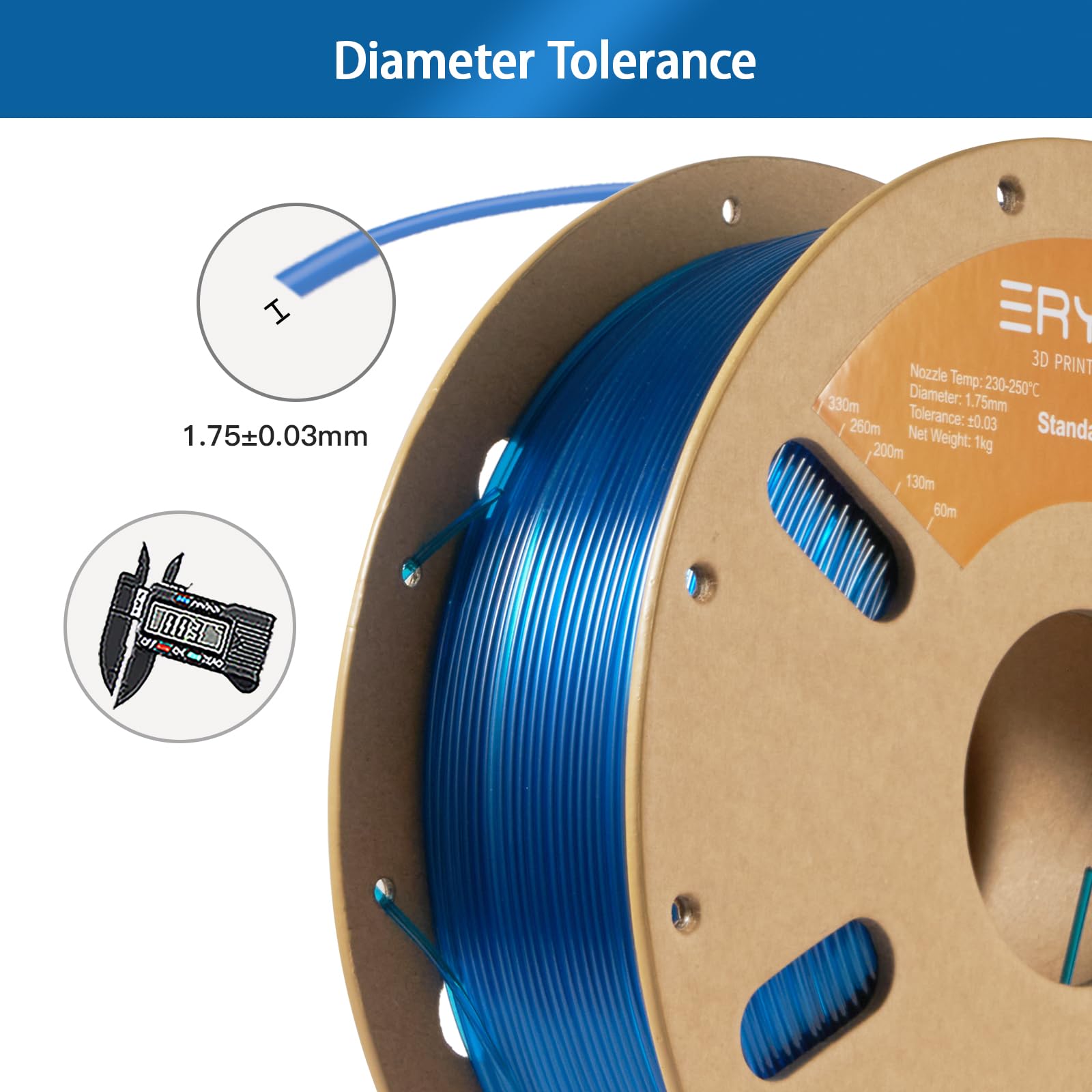 ERYONE PETG Filament 1.75mm, Filament PETG for 3D Printer 1KG, +/-0.03mm, Transparent Blue