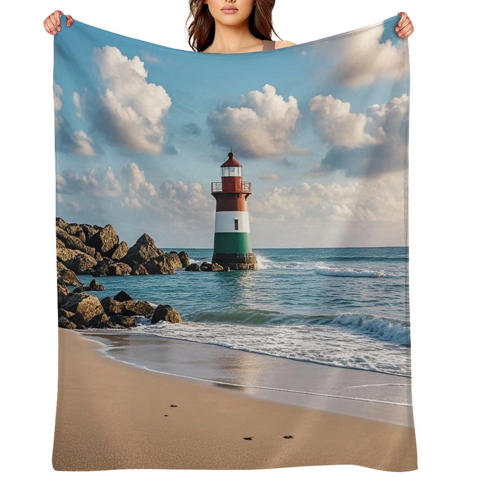 Flannel Sea Lighthouse Sandbeach Throw Blanket for Couch Super Soft Fuzzy Cozy Flannel Blankets No Shed No Pilling FAnti-Static Winter Bed Blanket Decorative and Giftable Blankets