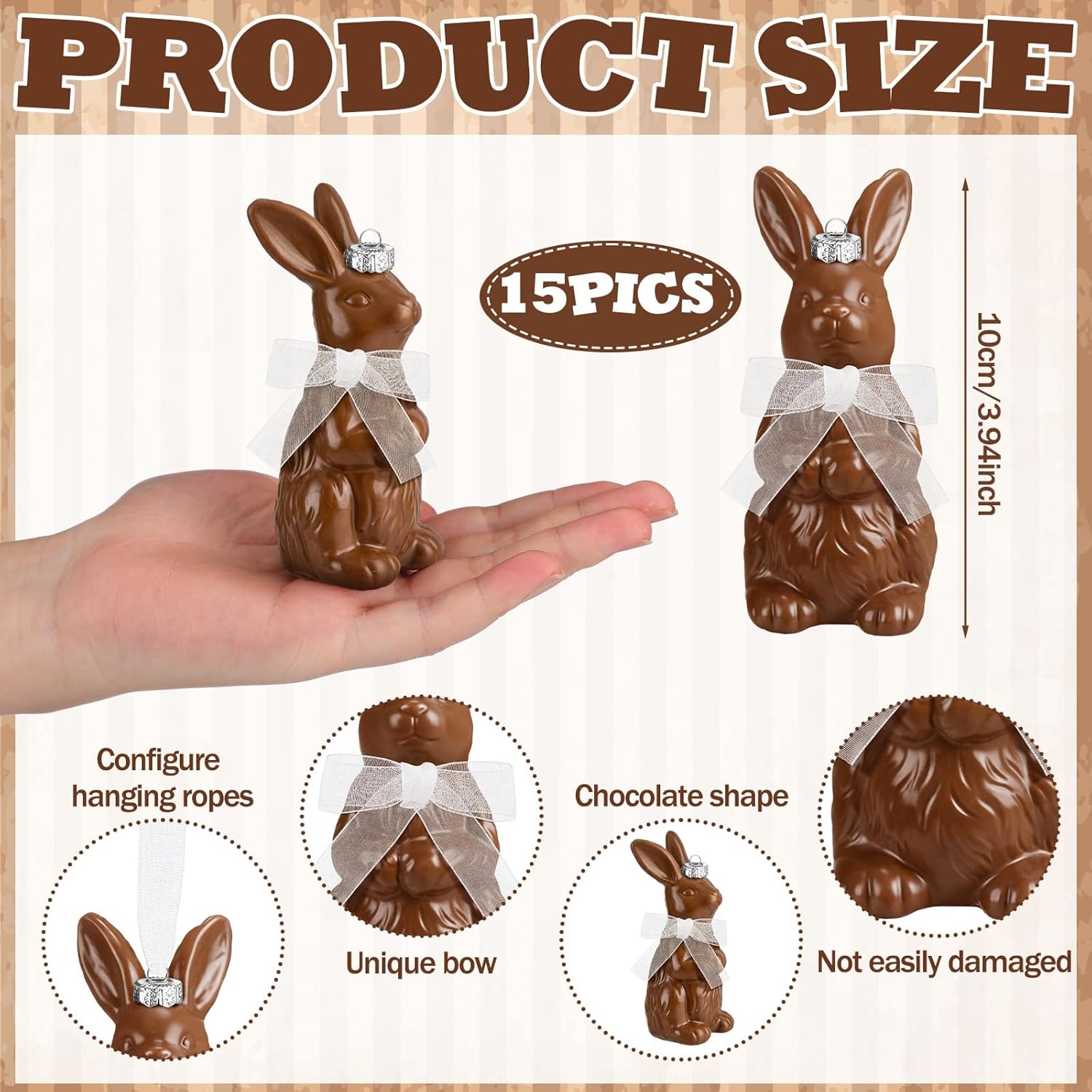 Lunmon 15 Pcs Easter Tree Ornaments 3.9 Inch 3D Chocolate Bunny Easter Tree Decorations Brown Plastic Rabbit Hanging Ornament Spring Rabbit Ball Decorations for Home Basket Filler Party Favors Gifts