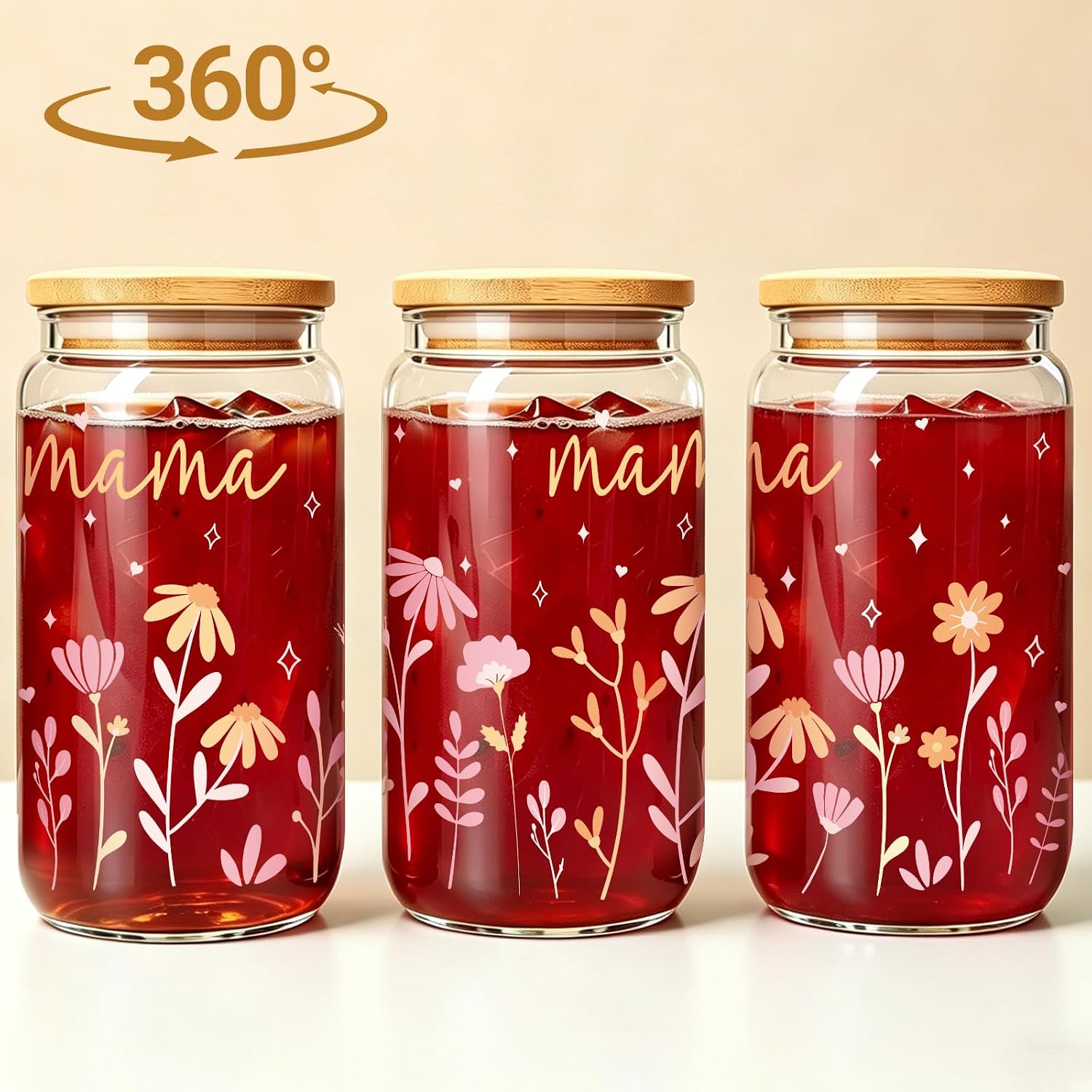 Mother's Day Glass Cup for Mama Gift, mama Glasses Cups, Christmas Day& Birthday gift ideas for mother-in- Law, New Moms, Mom to be, Glasses Cups with Straw gifts for mom, glass cup with flowers-3