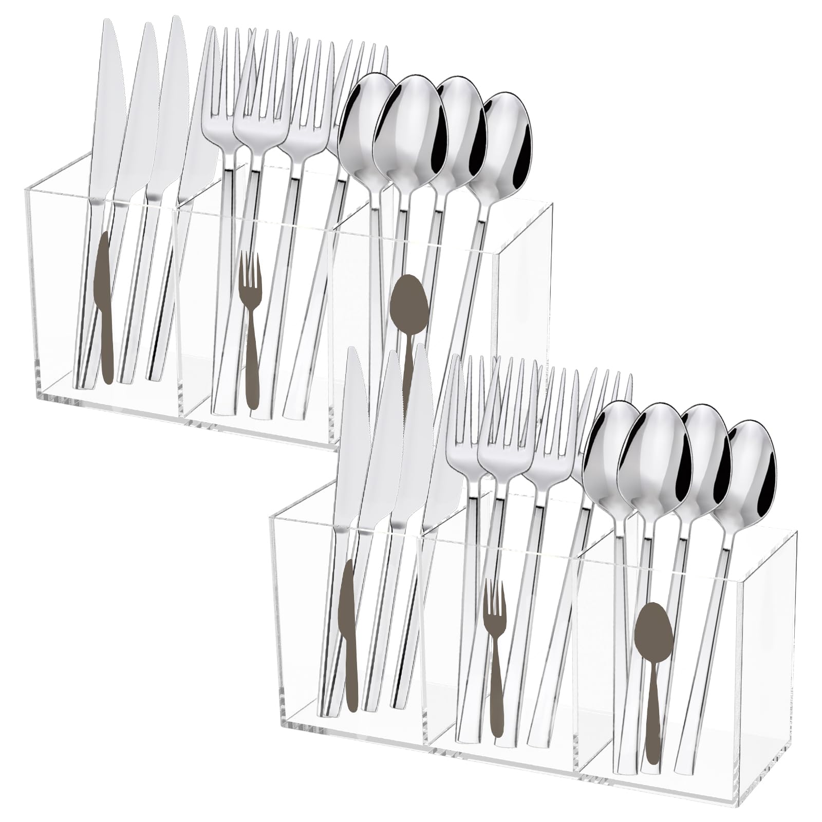 Ktcina Clear 2 Pcs Kitchen Utensils Holders, 3 Compartment Acrylic Utensil Caddy Cutlery Holder Organizer Silverware Caddy Flatware Organizers Kitchen Utensil Holder For Fork Spoon Knife(Clear)