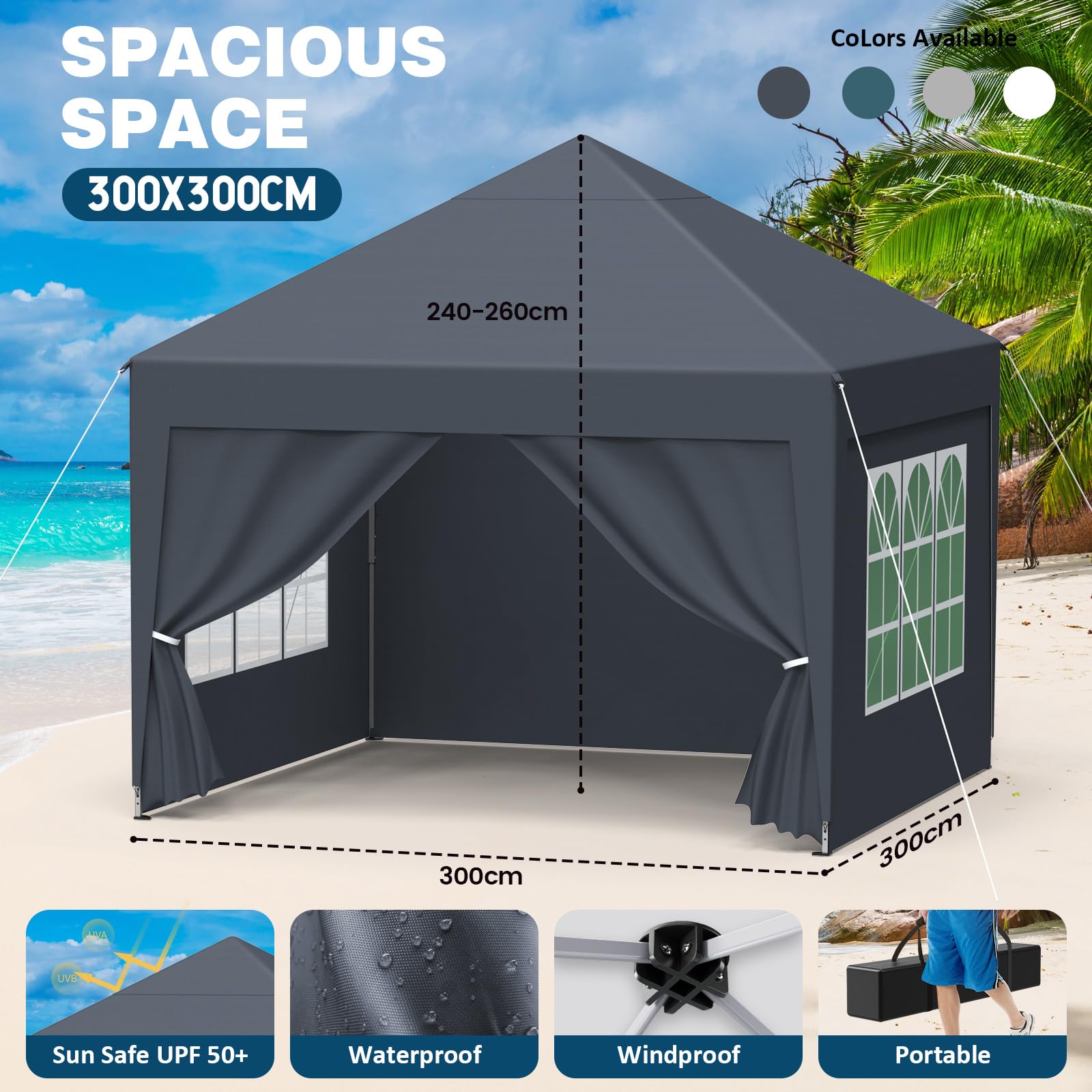 Pavillon 3x3m，Faltpavillon Wasserdicht，Winterfest，UV Schutz 50+，Stabil，Höhenverstellbar，Gartenpavillon mit 4 Seitenwänden、Tragtasche，Faltbar Partyzelt Gartenzelt für Outdoor Garten Party,Anthrazit