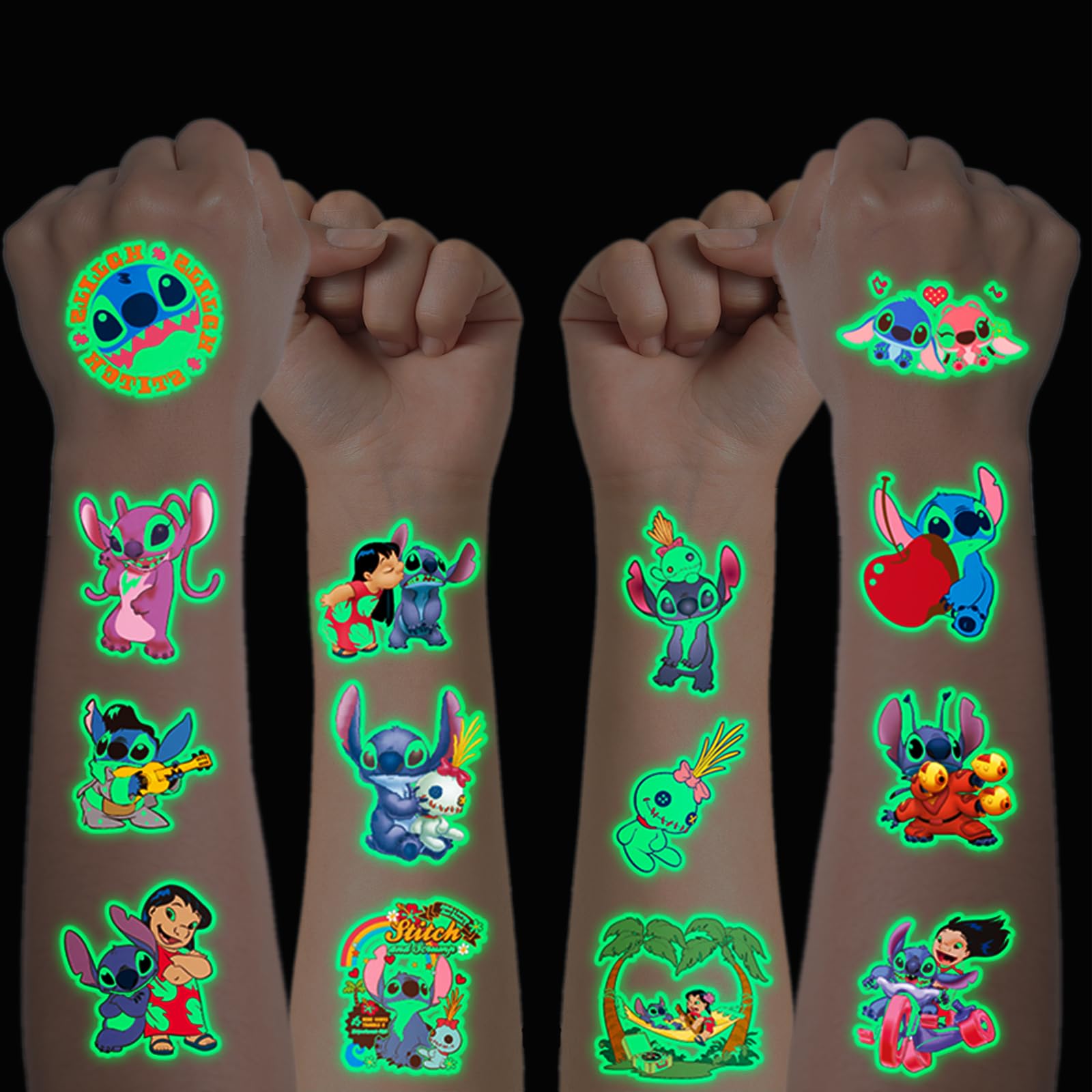 Tattoo Kids 12 Hojas Luminosas Stitch Temporary Tattoo Set para Niños Niñas Tatuajes Infantiles Impermeable para Regalos de Cumpleaños Infantiles Regalos Festival Fiesta Decoración