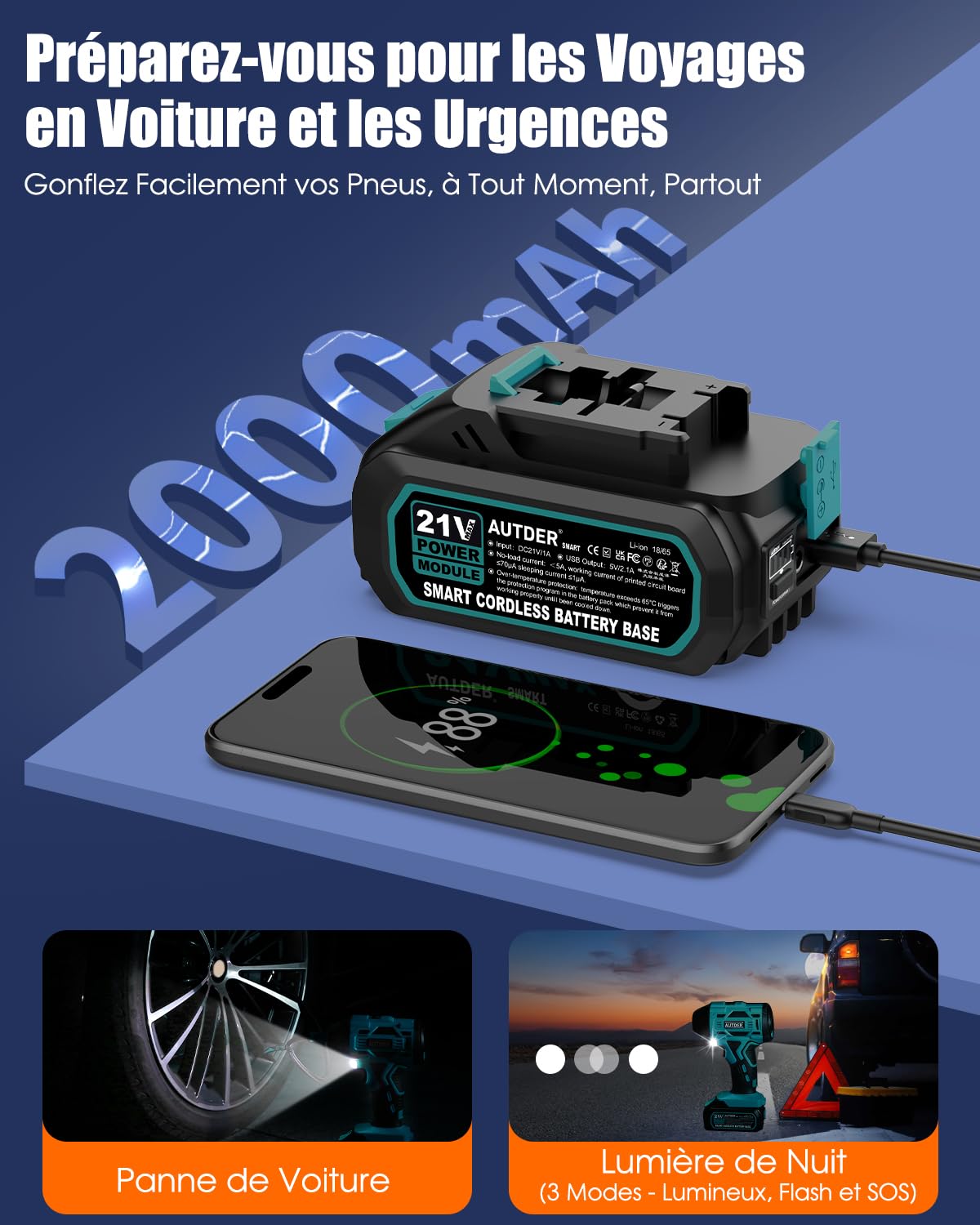 AUTDER Gonfleur Pneus 180 PSI Sans Fil avec Arrêt Automatique | 180 PSI et débit d'air jusqu'à 50 L/min pour un gonflage rapide des pneus et équipements gonflables.