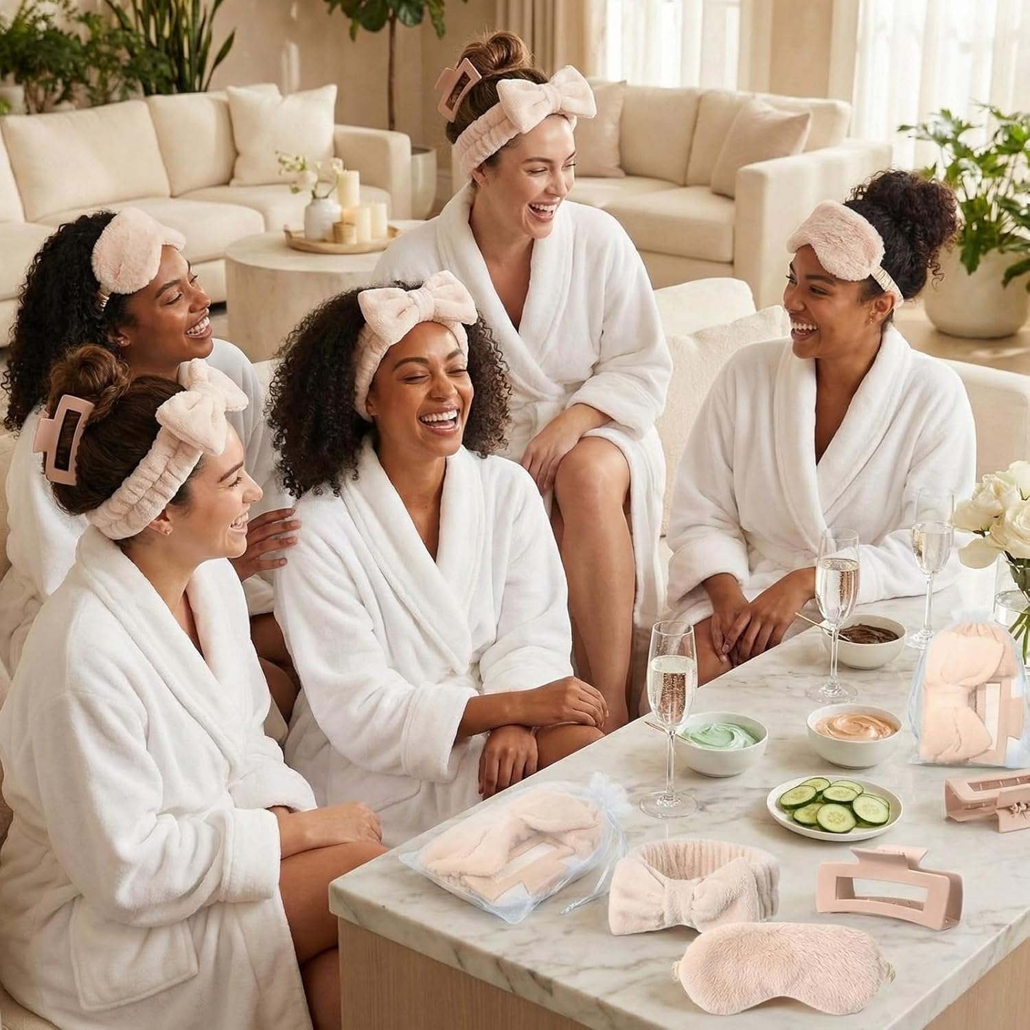 48 Pcs Spa Party Supplies Sleepover Essentials Gift for Mother's Day Spa Headband Plush Eye Mask Claw Clips Organza Bag for Women Adult Slumber Party Supplies (Khaki)