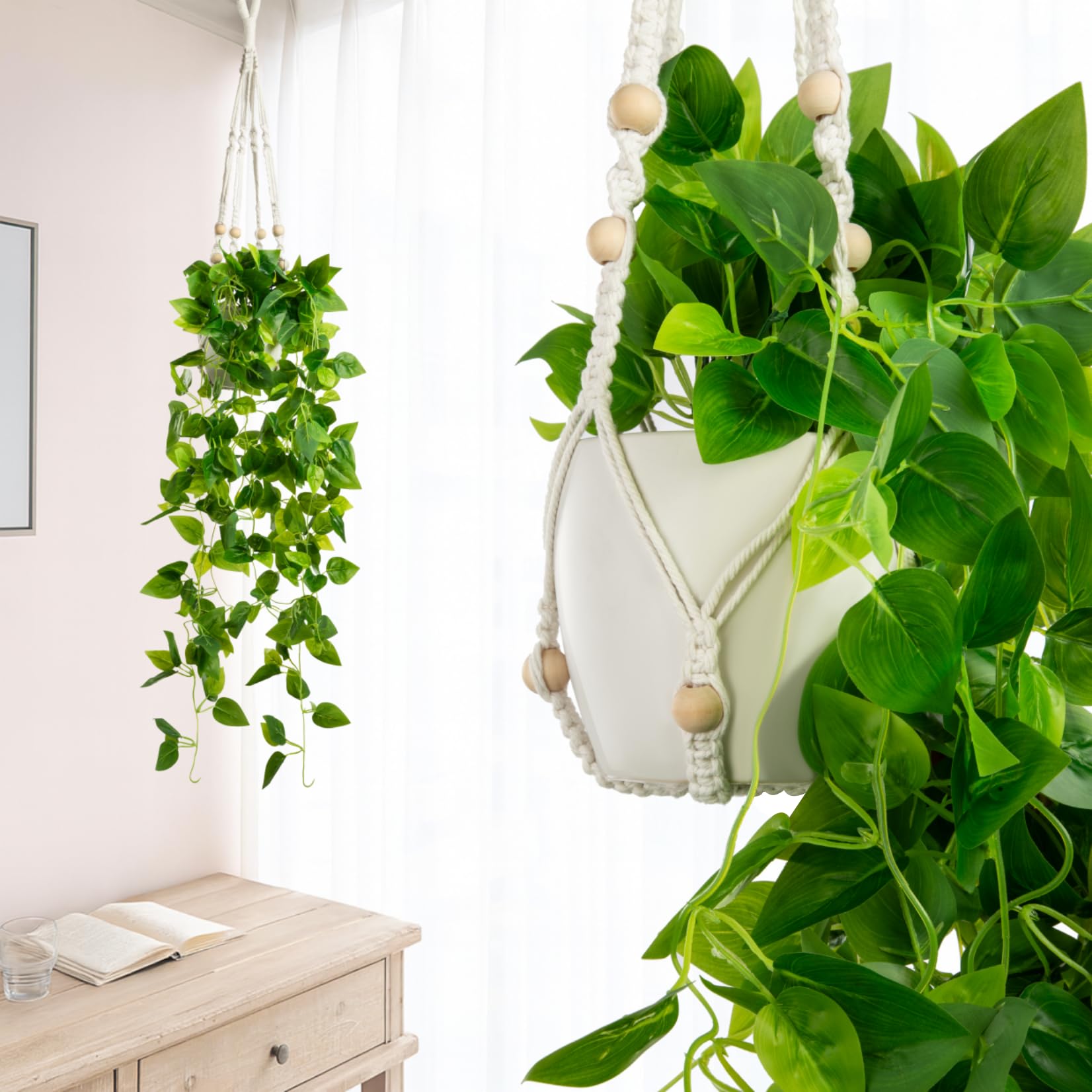 PASCH® Lierre artificiel en pot (céramique) avec suspension en macramé tissée à la main | Plante artificielle suspendue | Plante artificielle en pot | Plantes artificielles suspendues | Faux lierre à