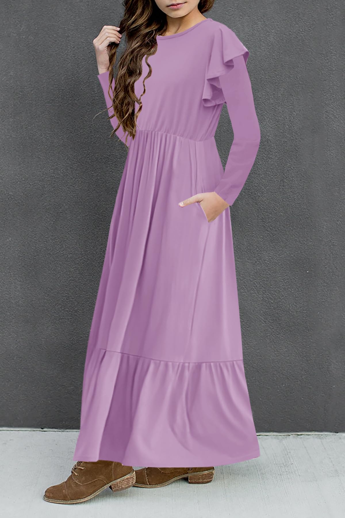 HOSIKA Maxikleid für Mädchen, Rüschen, lange Ärmel, Rundhalsausschnitt, locker, lässig, fließend, gestuft, mit Taschen, für 6–12 Jahre