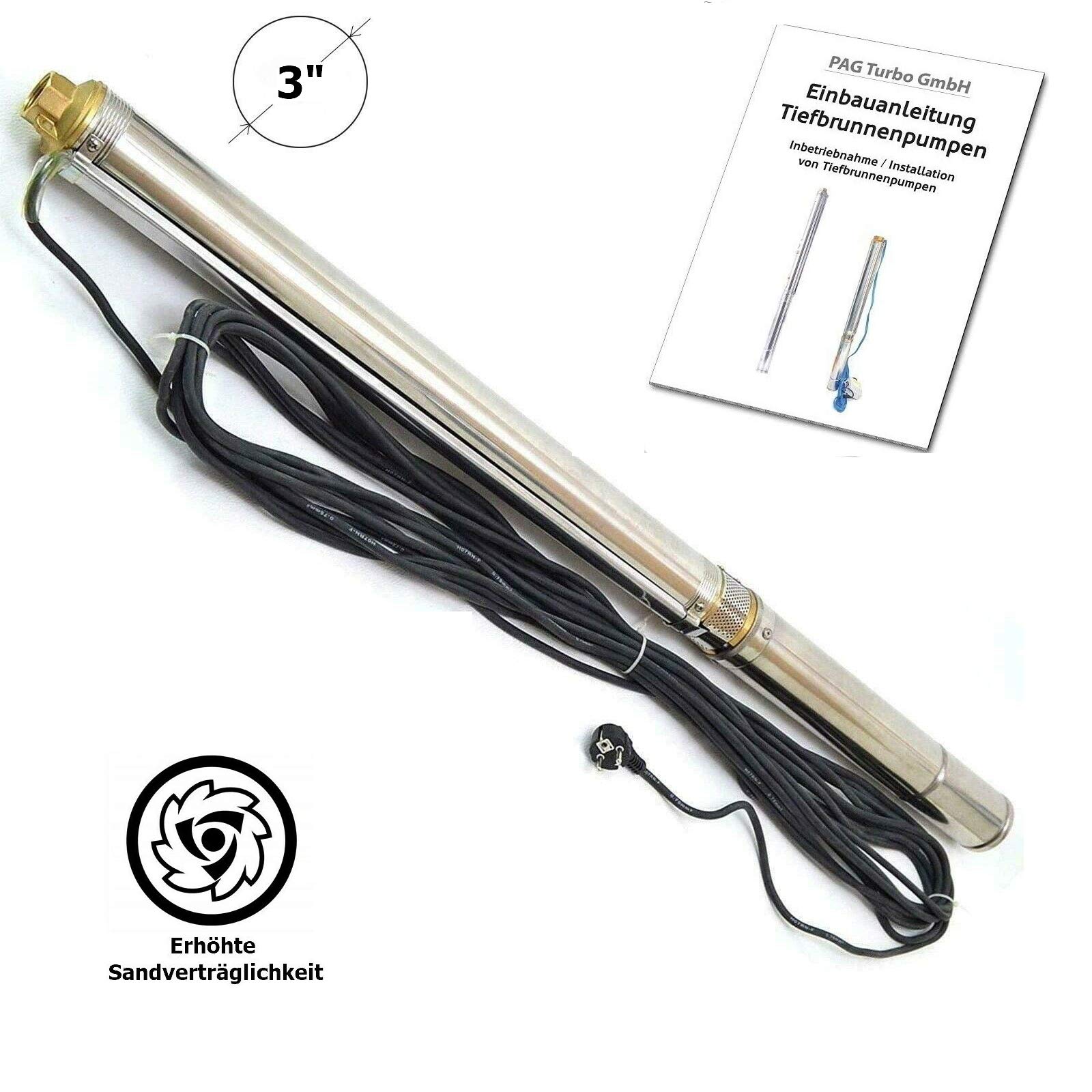 Tiefbrunnenpumpe Brunnenpumpe 3" 74 mm bis 4200l/h 1,1kW 11,7 bar sandresistent