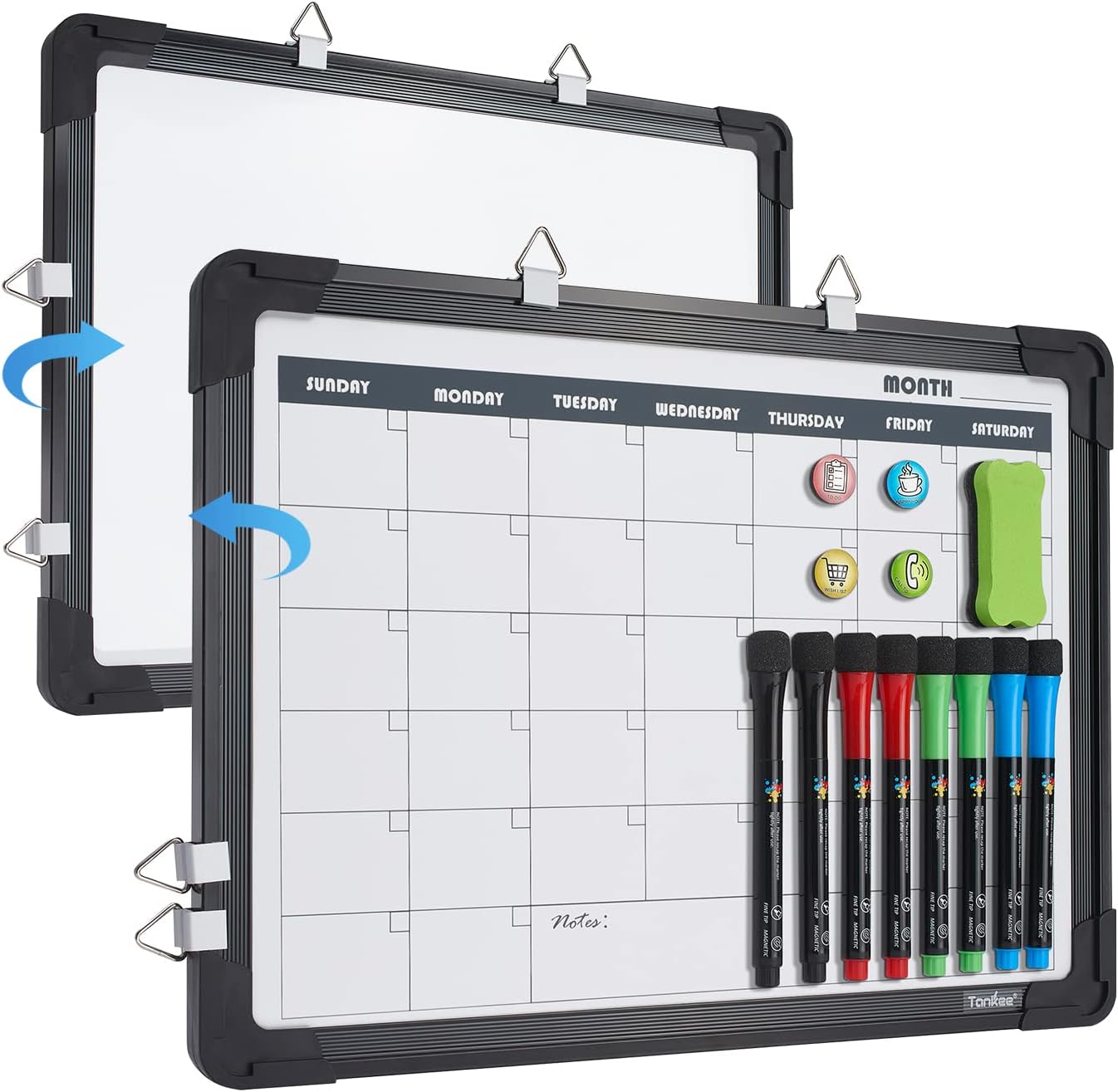 Dry Erase Board with Monthly Calendar, Magnetic Small Whiteboard Hanging Double-Sided White Board for Wall, Portable Magnet Board for Drawing, Kitchen, Planning, Memo, School, Home, Office (Black)