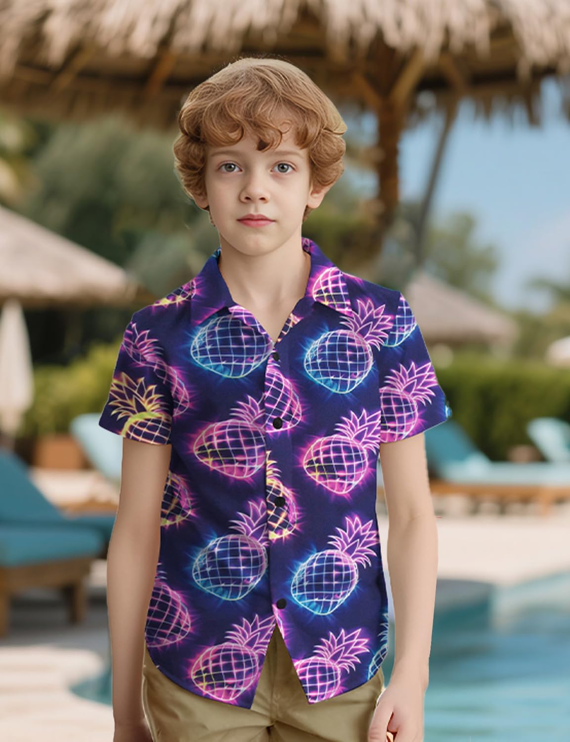 Yoimira Boys Hawaiian Shirt Neon Tropical Print Short Sleeve Button Down for Kids Age 7-14 - Image 3