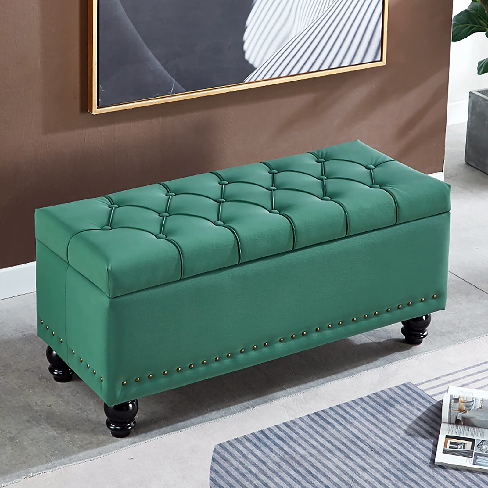 WJFTODAY Green Faux Leather Shoe Storage Bench Ottoman Padded End of Bed Seating Stylish Foot Stool for Living Room & Bedroom Versatile Storage Solution 60x40x4 cm