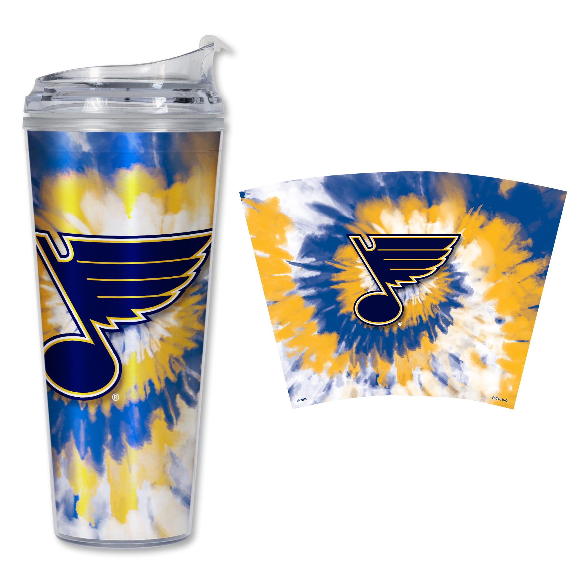 Rico Industries NHL Hockey Team Color Tie Dye 24oz Metallic Acrylic Tumbler with Hinged Lid, Officially Licensed Double Wall Tumbler with Straw