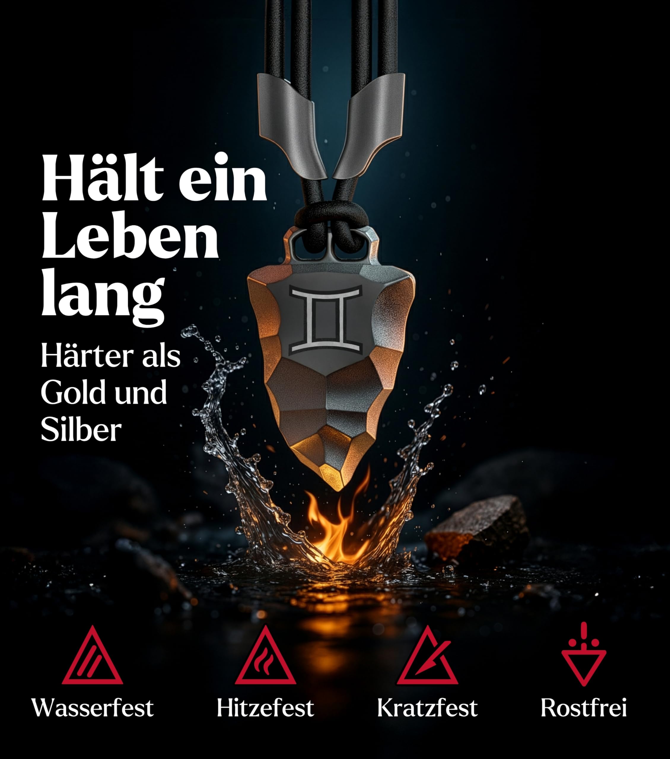 Titan-Anhänger Faustkeil mit Sternzeichen nach Wahl – Maskuline Herren-Halskette aus schwarzem Lederband und robustem Titan – Astrologie Schmuck & Zodiac Geschenk für Männer