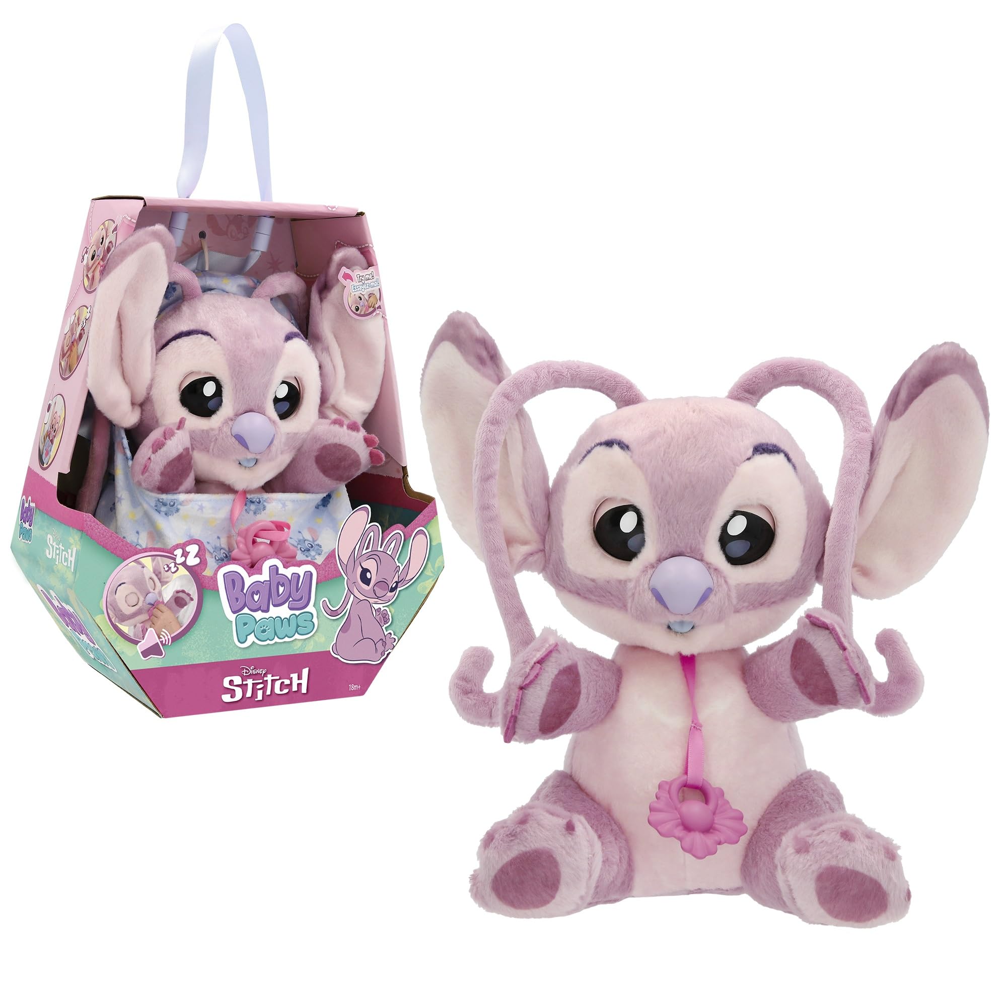 Baby Paws Disney Angel Peluche Interactive Peluche avec Sons Qui Ouvre et Ferme Les Yeux, avec Un Sac pour l’Emporter avec Toi Enfants de 3 Ans et Plus, Rose