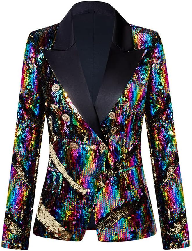 CARFFIV Dames Mode Dubbele Knopenrij Banket Feest Vakantie Pailletten Lange Mouw Jassen, Goud wit, M