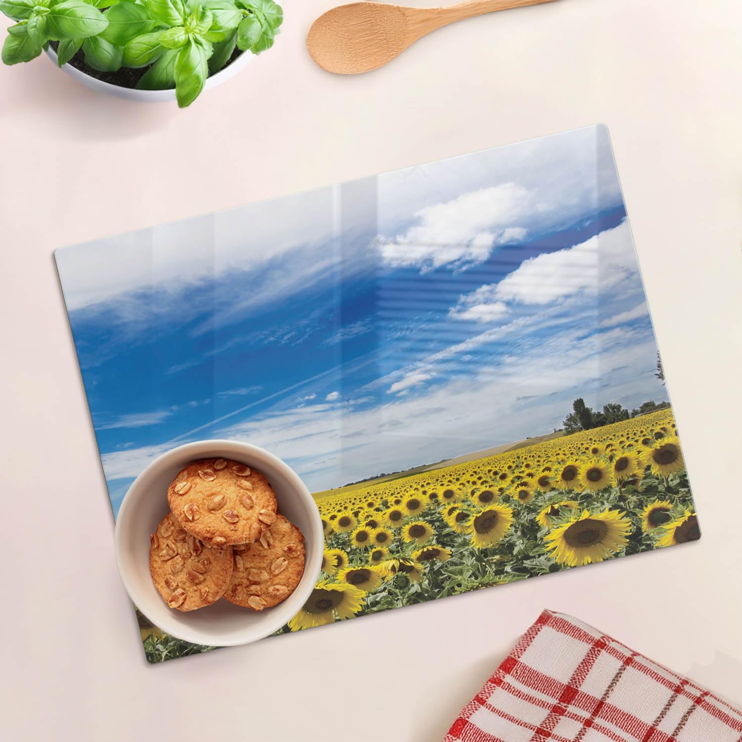 Tabla de cortar y placa de protección de vidrio 40x30 cm Campo de girasoles