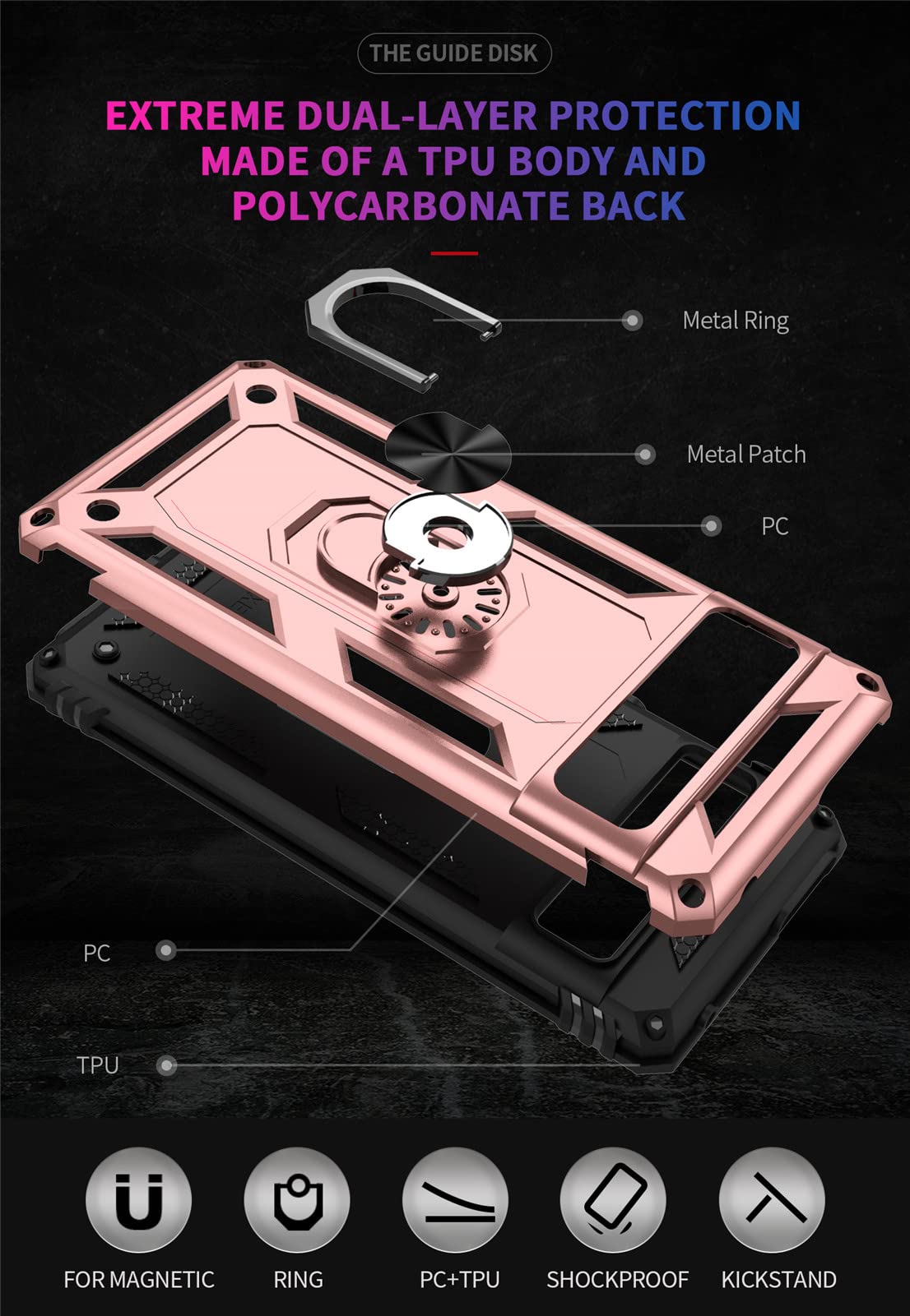 Custodia per Pixel 7, Google Pixel 7 Custodia Cavalletto con Protezione Schermo Anello Staffa di Grado Militare Armatura Silicone Antiurto Anti Graffio Custodia per Google Pixel 7 (Rosa
