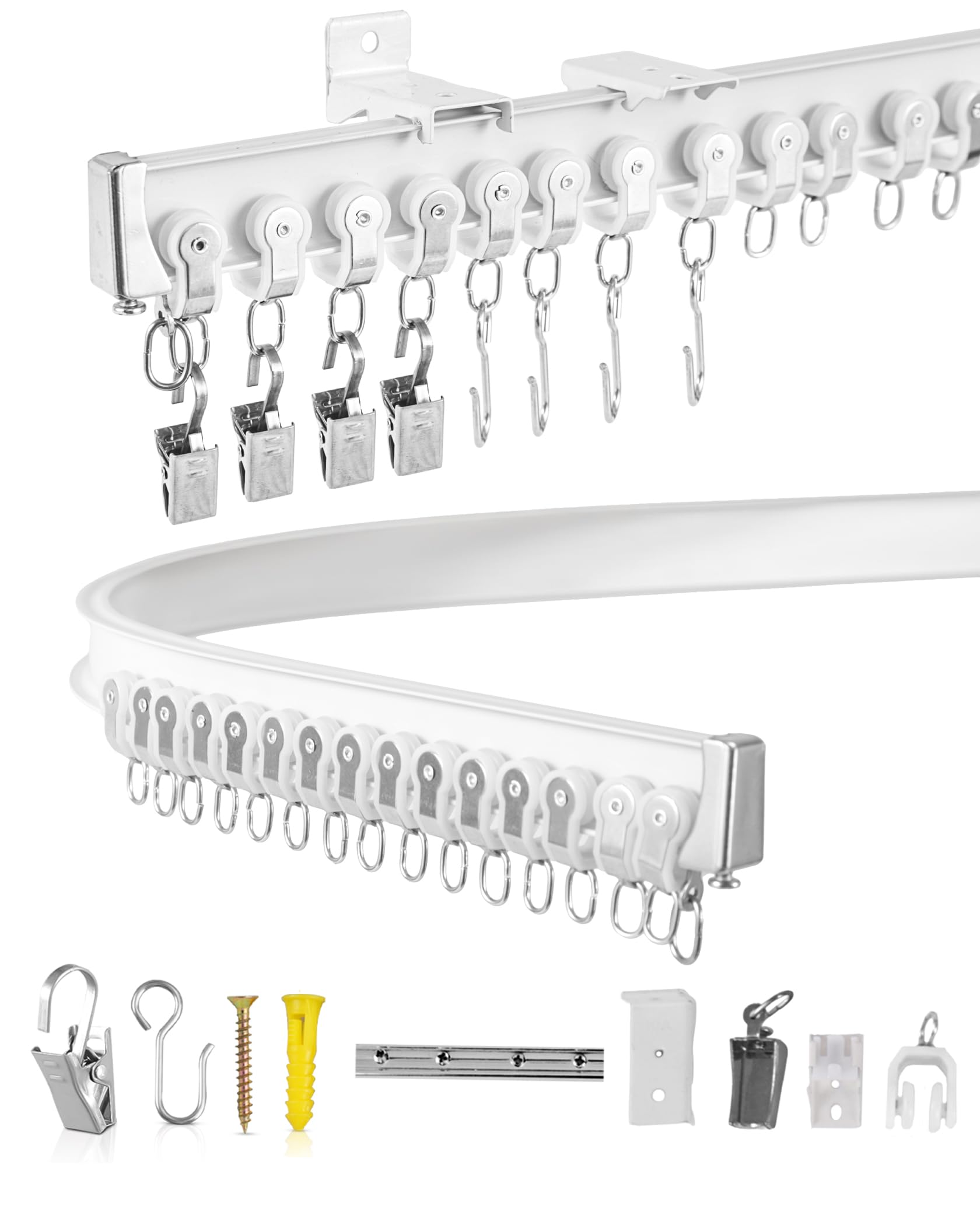 Ezcasch Flexible Ceiling Curtain Track 5m/16.40ft Aluminum Heavy Duty Curtain Track, Bendable Curtain Rail with Complete Fittings for Bay Window, Rooms, Support for Wall and Ceiling Mount (White)