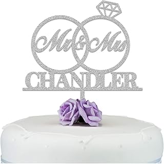 PERSONALISED Mr and Mrs Wedding Rings Cake Topper Decoration - MR & MRS Cake Topper - Glitter Gold Silver Acrylic Cake Decoration - Rustic Wood Surname Wedding Cake Topper - ANY SURNAME