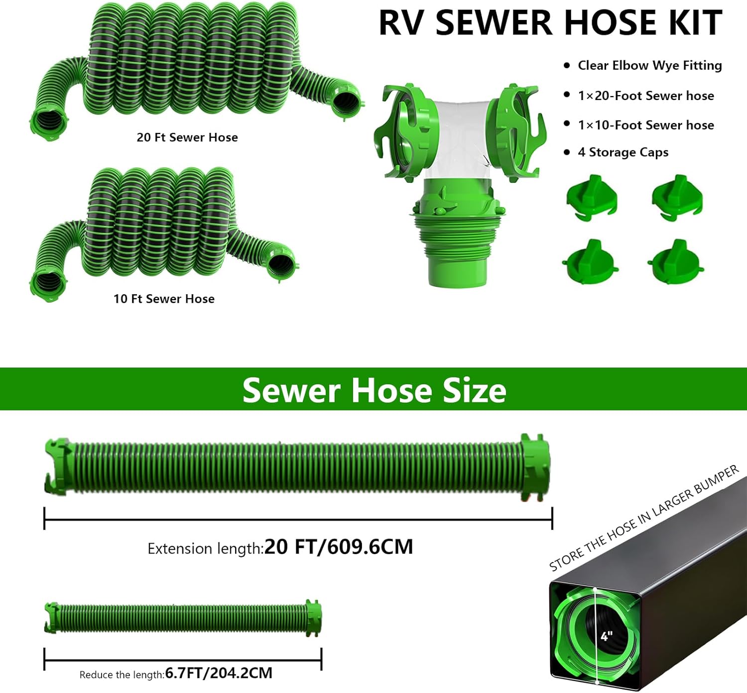 30FT Extra Long RV Sewer Hose Kit - 10FT + 20FT Connectable Heavy Duty TPE Waste Hose with Clear Wye Connector Fitting & 4-in-1 Adapter for RV Camper Trailer (30 FT)
