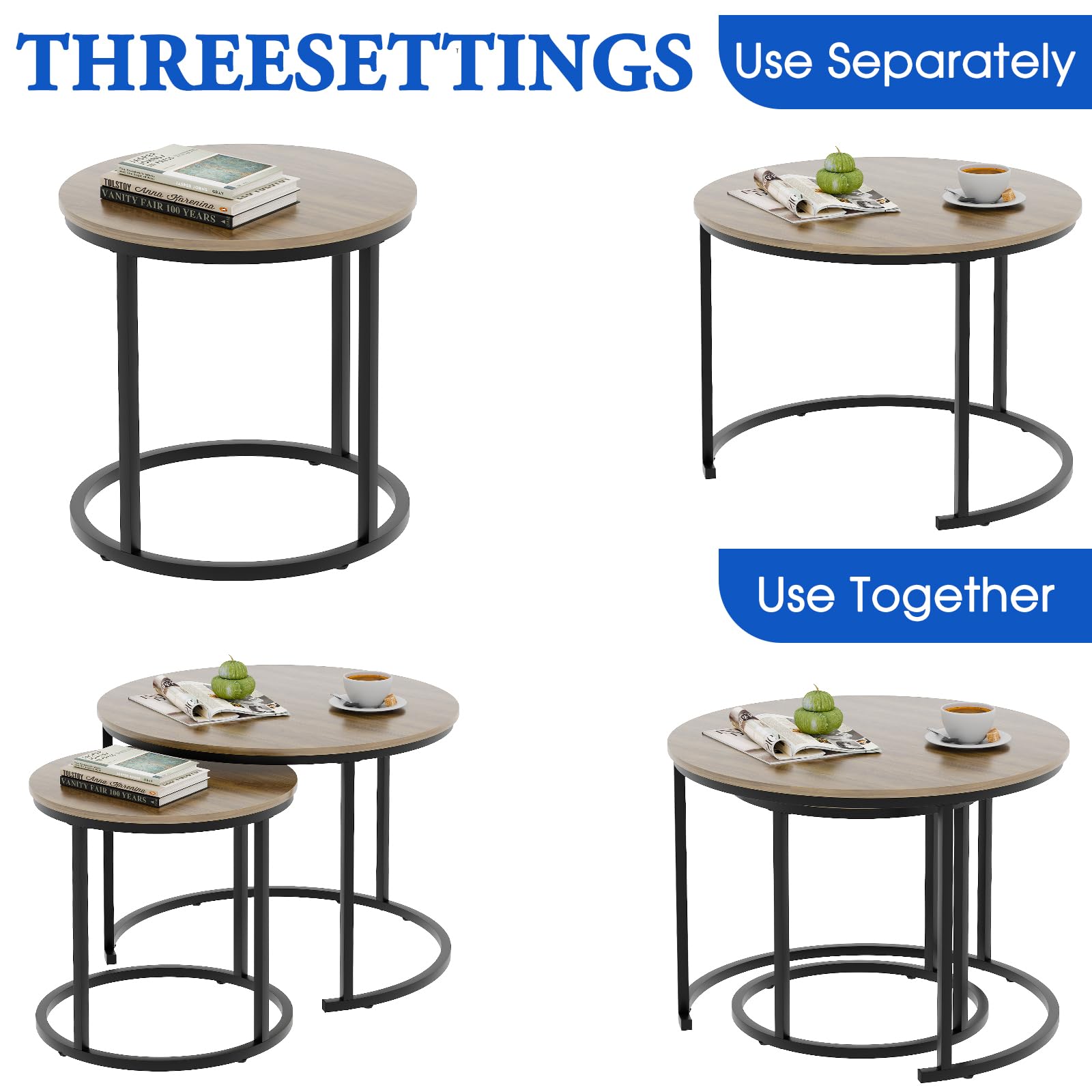aboxoo Coffee Table Nesting Side Round Table Set of 2 End Table with Sturdy Metal Frame for Living Room Bedroom Apartment Modern Industrial Simple Nightstand,Oak 2