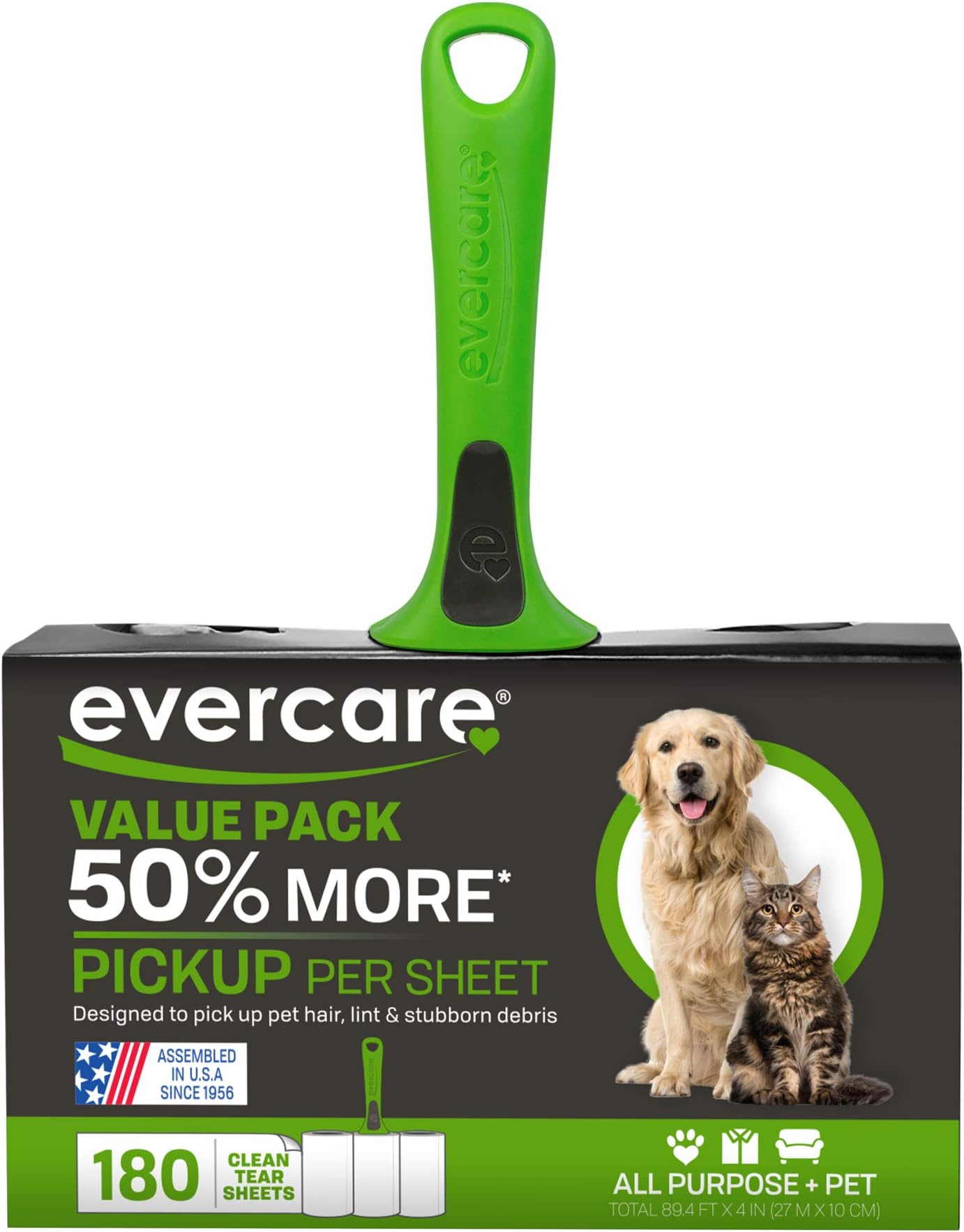 All Purpose Pet Hair Lint Roller with 2 Refills, 180 Total Sheets, Manual Reusable Sticky Roller for Pet Hair, Green