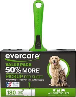 Evercare All Purpose Pet Hair Lint Roller with 2 Refills, 180 Total Sheets, Manual Reusable Sticky Roller for Pet Hair, Green