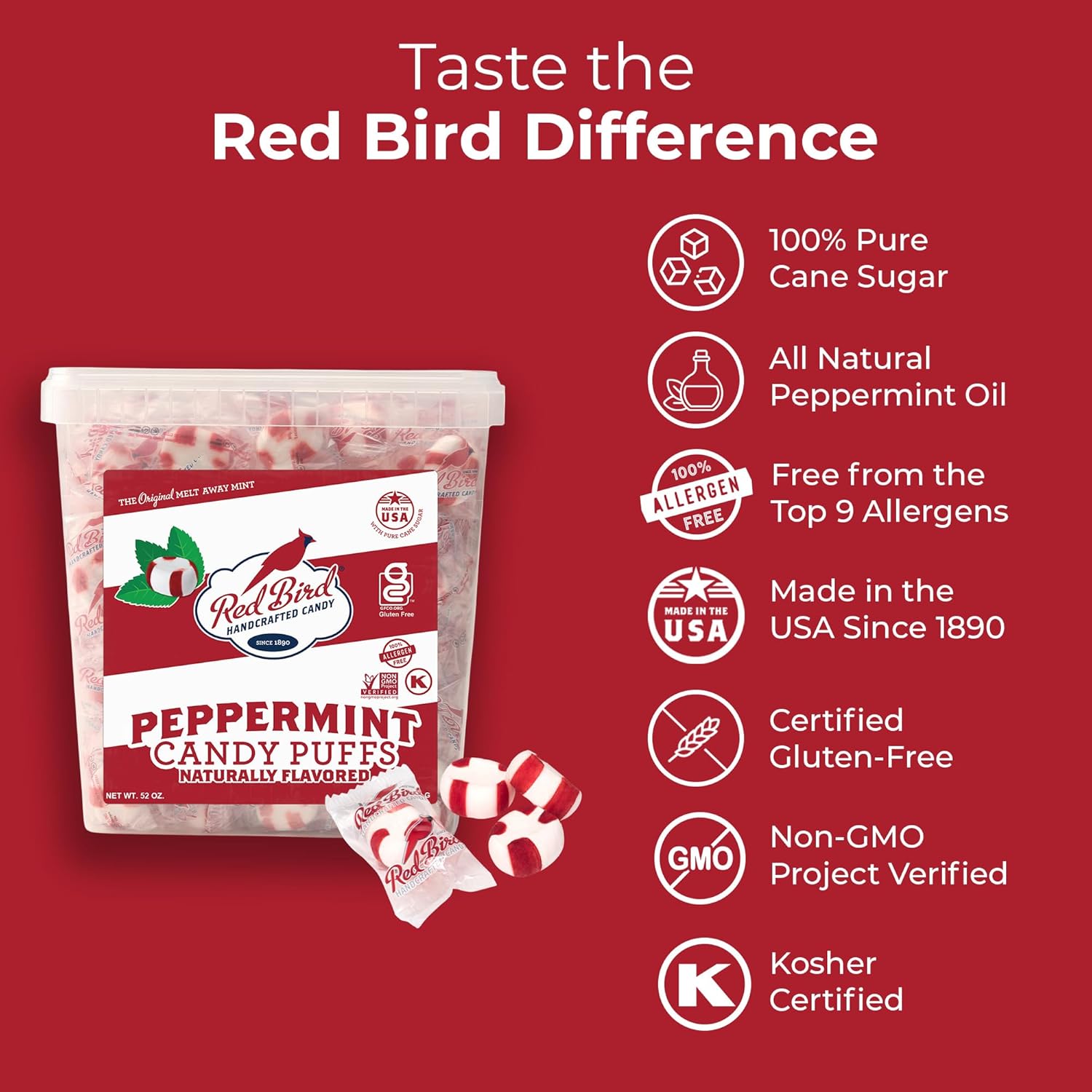 Red Bird Peppermint and Cinnamon Puffs, 52 oz Tubs Bundle, Individually Wrapped Candy Breath Mints, Kosher, Gluten-Free Candy Great For Parties, Events, Gifting, Office, Church, and Restaurants