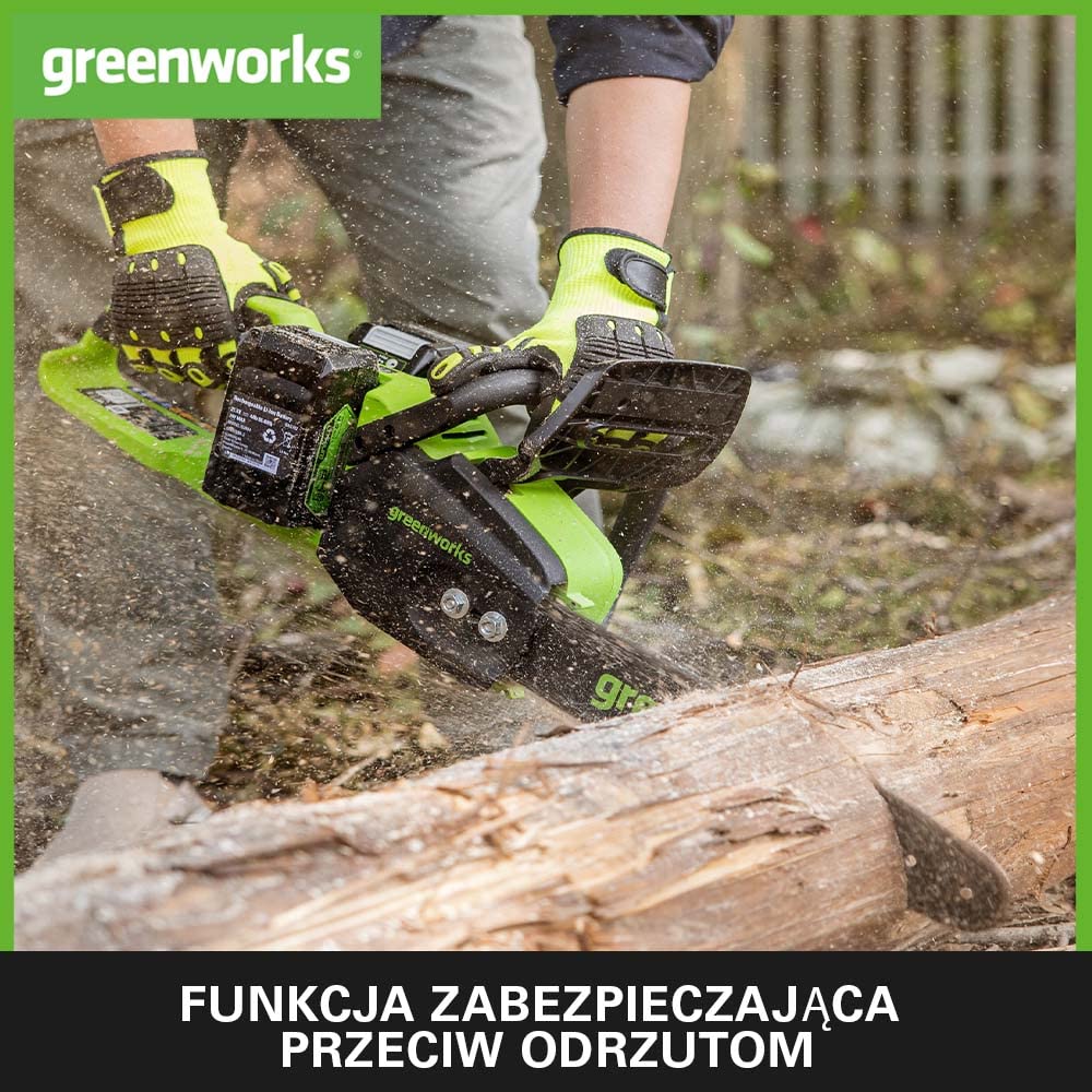 Greenworks GD24X2CS36K4X Akumulatorowa pilarka łańcuchowa z silnikiem bezszczotkowym, długość ostrza 35 cm, szybkość cięcia 20 m na s, olejarka, 2 baterie 24 V 4 Ah i podwójna ładowarka