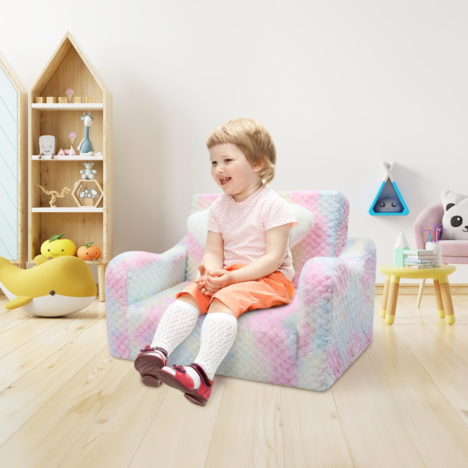 Divano Bambini Trasformabile 2-in-1,Poltroncina Pieghevole per Bambini Ragazze con Cuscino a Forma di Stella ,Comoda Divano Letto per Bambini per Camere da Letto e Soggiorno,Rosa Griglia Diamantata