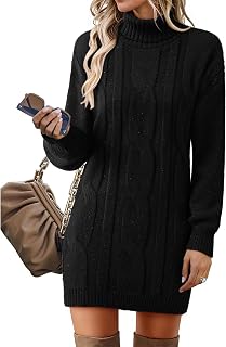 VAFOLY Women's Cable Knit Turtleneck Long Sleeve Ribbed Sweater Midi Dress - Stretchy Soft Knit Casual Fall Winter