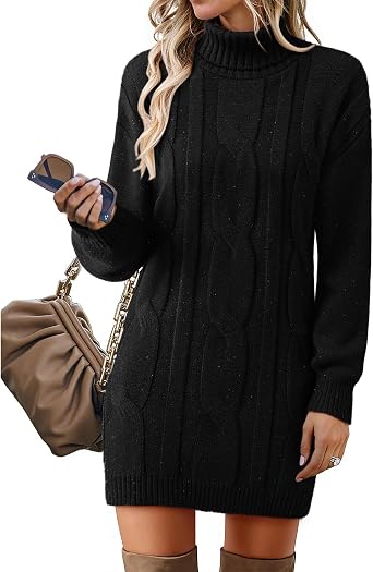 Womens Long Sleeve Turtleneck Sweater Dresses Ribbed Knit Stretchy Midi Casual Dress