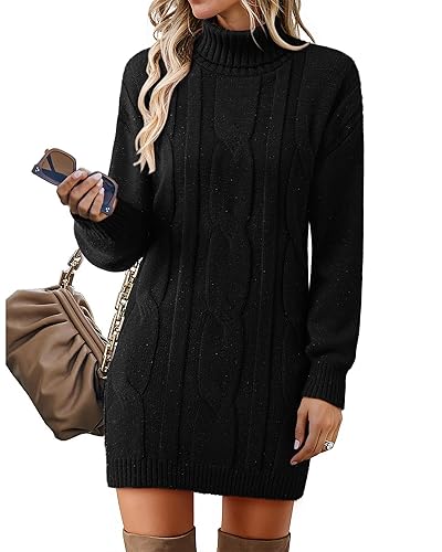 VAFOLY Womens Long Sleeve Turtleneck Sweater Dresses Ribbed Knit Stretchy Midi Casual Dress - Black - Medium