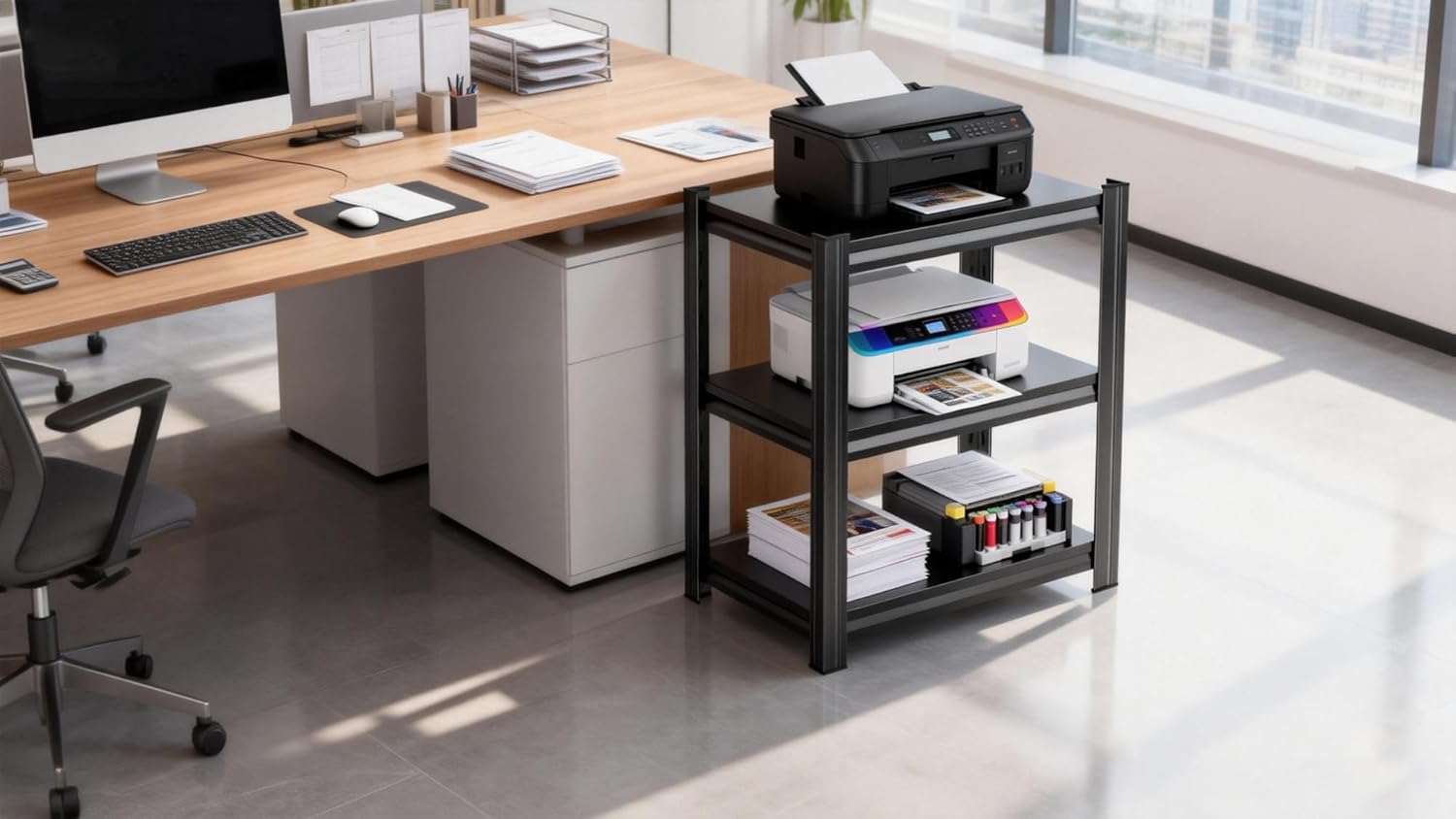 3-Tier Small Bookcase & Office Side Table, Black Industrial Bookshelf, Adjustable Metal Stand, Versatile Side Shelf for Movies, CDs & Books, Storage Rack for Small Spaces