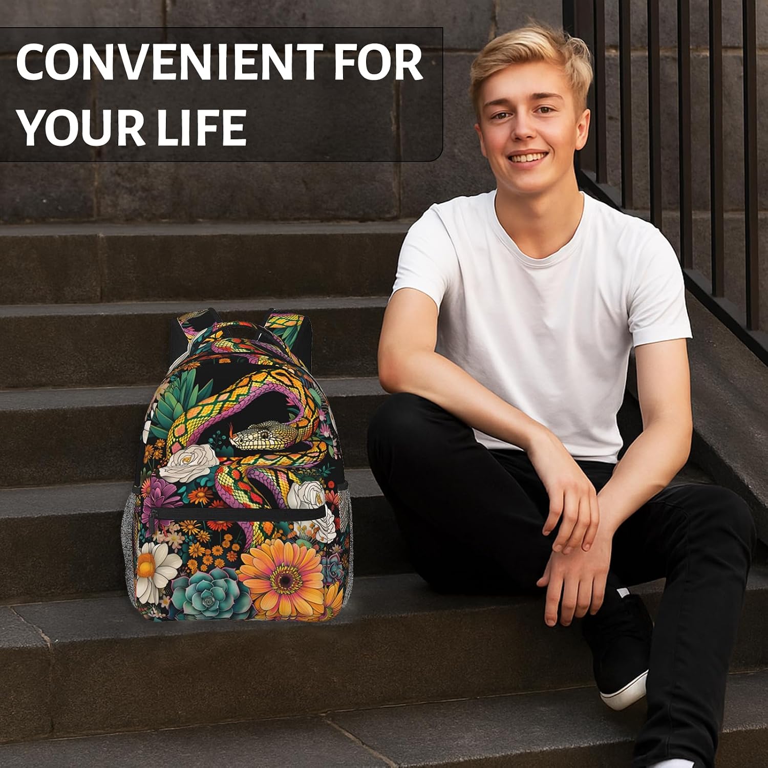 Floral Snake Backpack for Women Girls School Laptop College Colorful Serpent & Botanical Backpacks for Gifts Travel Hiking Work Camping, Polyester Lightweight Aesthetic Bookbag Back Pack